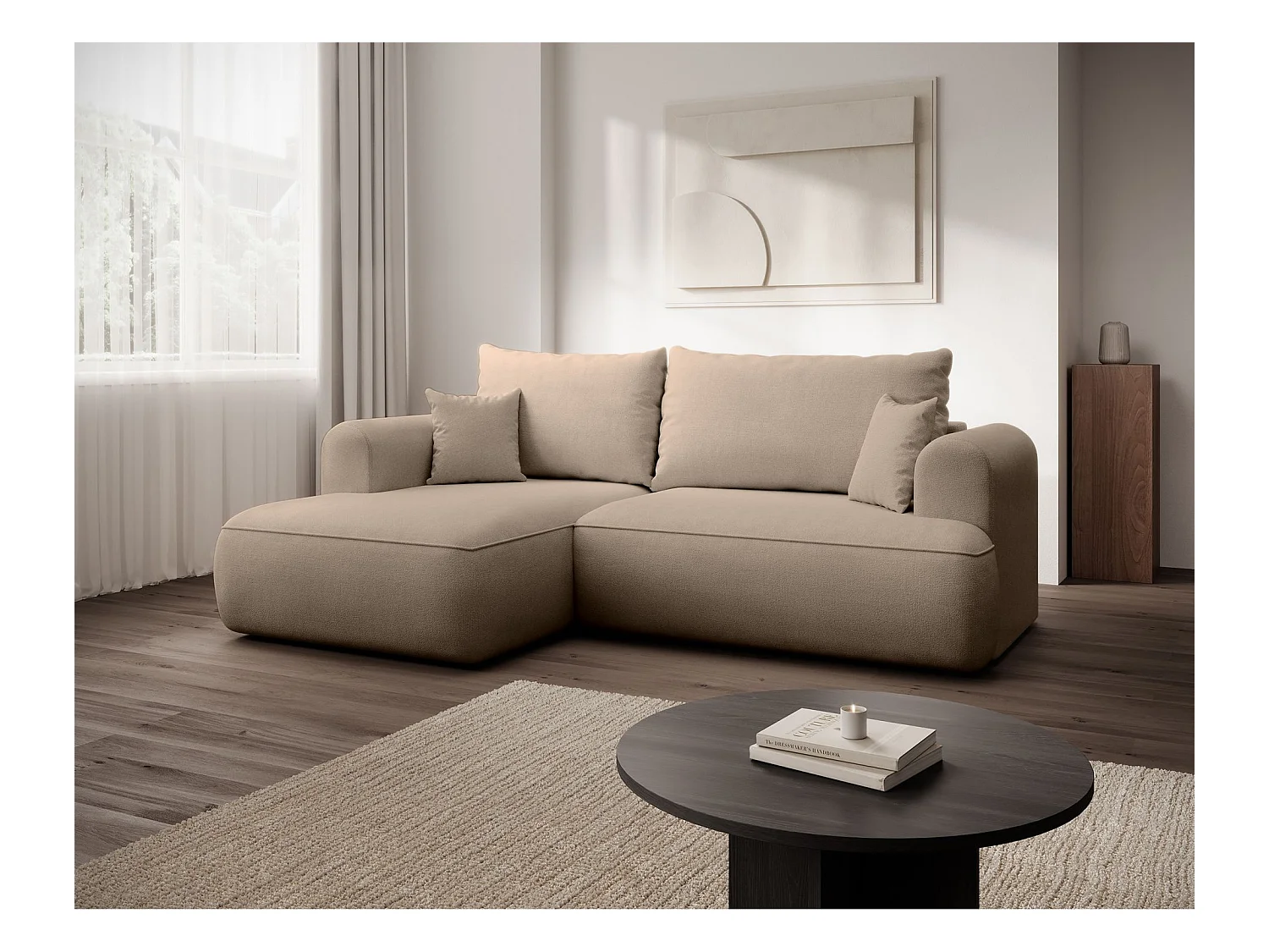 Canapé d'angle convertible- chenille beige- côté gauche - OVO MINI