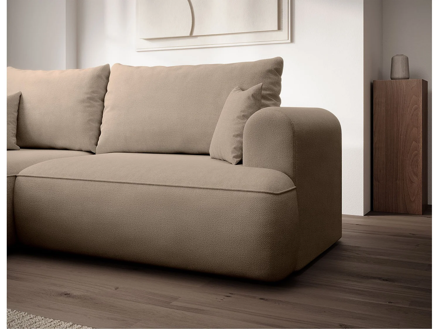 Eckschlafsofa linksseitig mit Stauraum - Easy-Clean-Chenille-Bezug - beige - OVO MINI