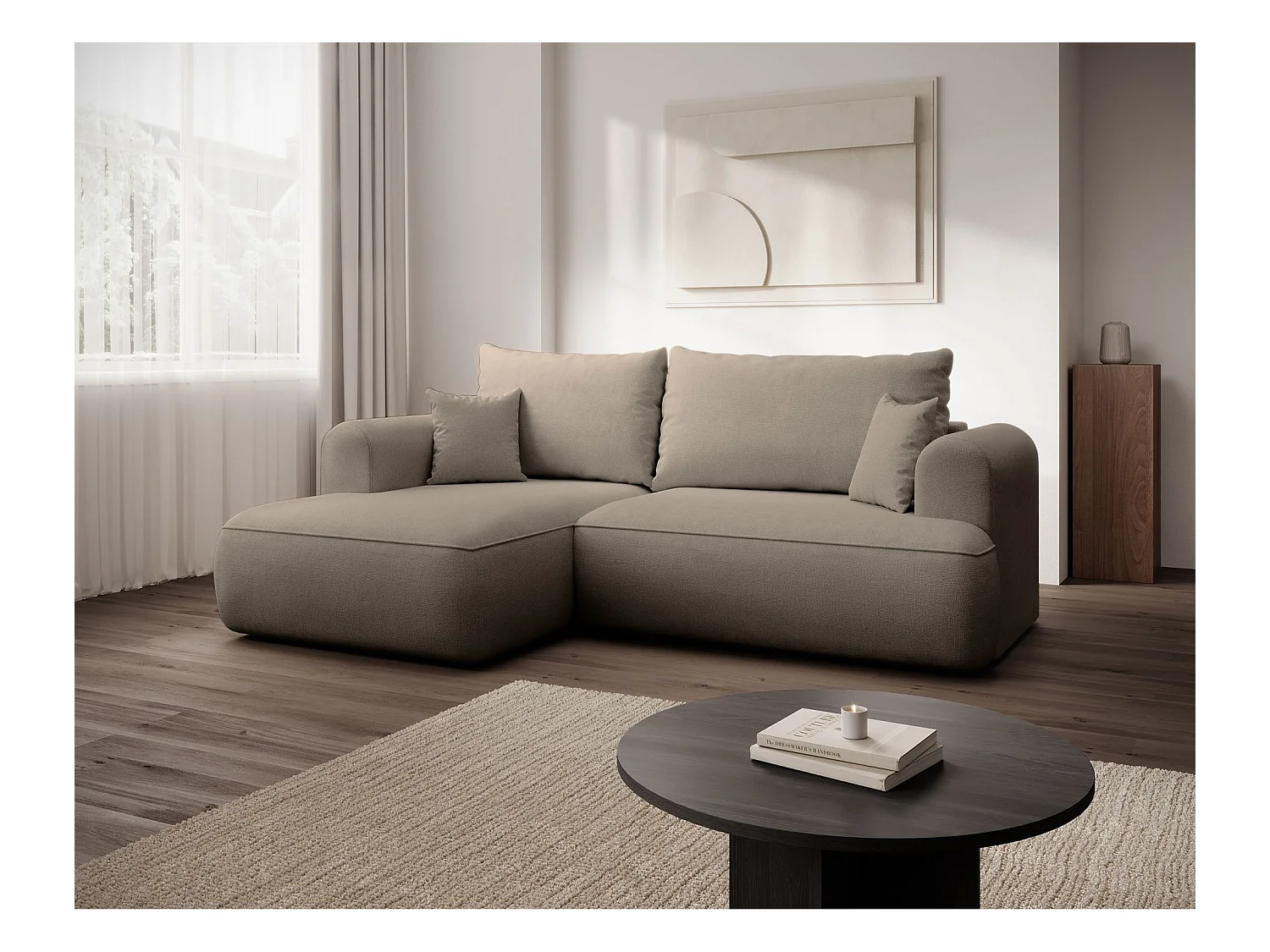 Canapé d'angle convertible- chenille gris-beige - côté gauche - OVO MINI