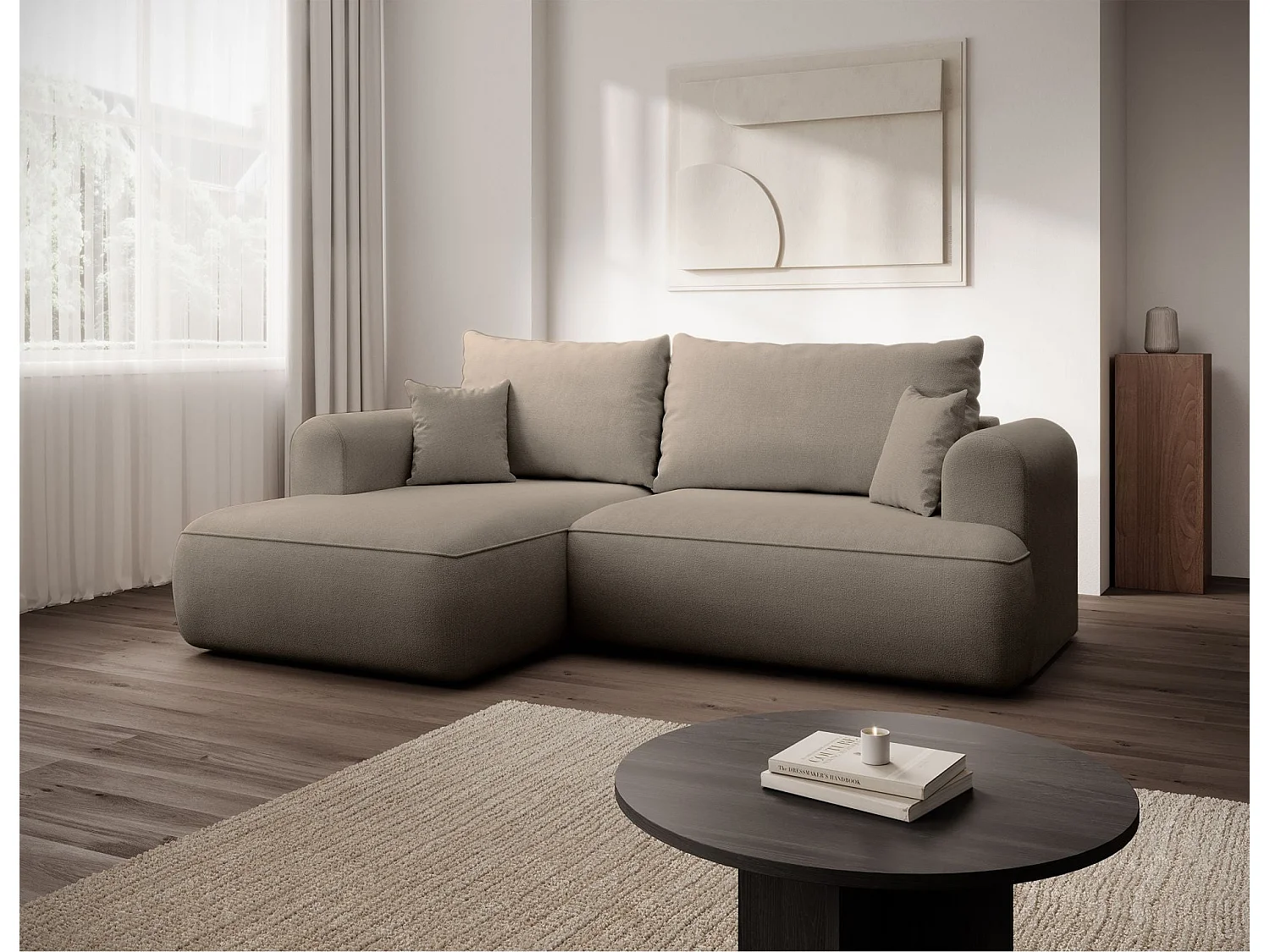 Canapé d'angle convertible- chenille gris-beige - côté gauche - OVO MINI