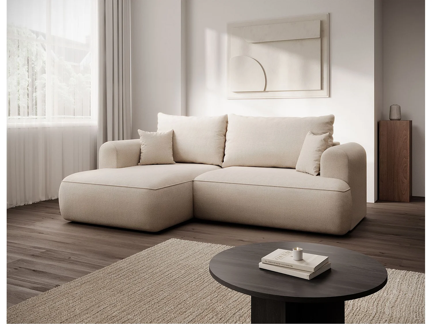 Eckschlafsofa linksseitig mit Stauraum - Easy-Clean-Chenille-Bezug - creme - OVO MINI