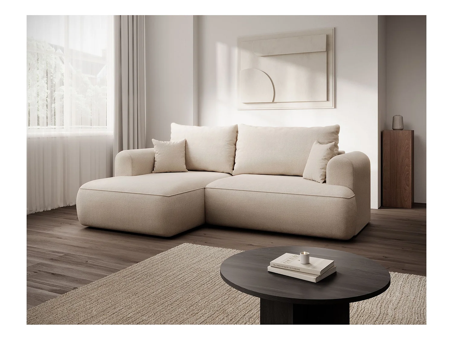 Canapé d'angle convertible- chenille crème - côté droit - OVO MINI