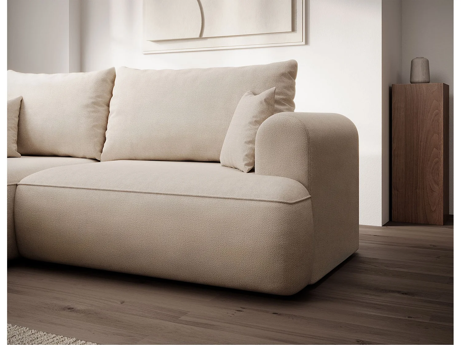 Eckschlafsofa linksseitig mit Stauraum - Easy-Clean-Chenille-Bezug - creme - OVO MINI