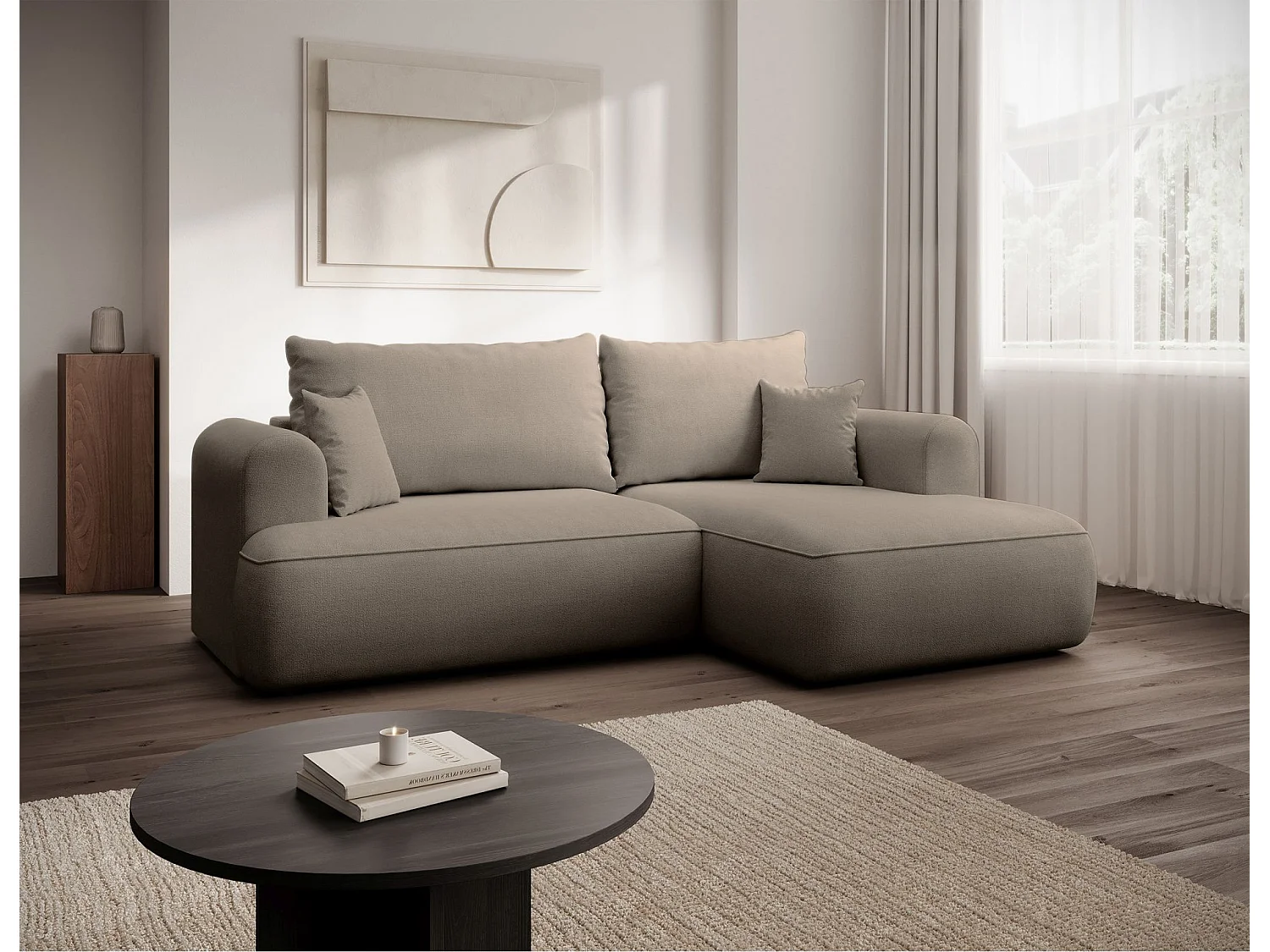 Eckschlafsofa rechtsseitig mit Stauraum - Easy-Clean-Chenille-Bezug - greige - OVO MINI