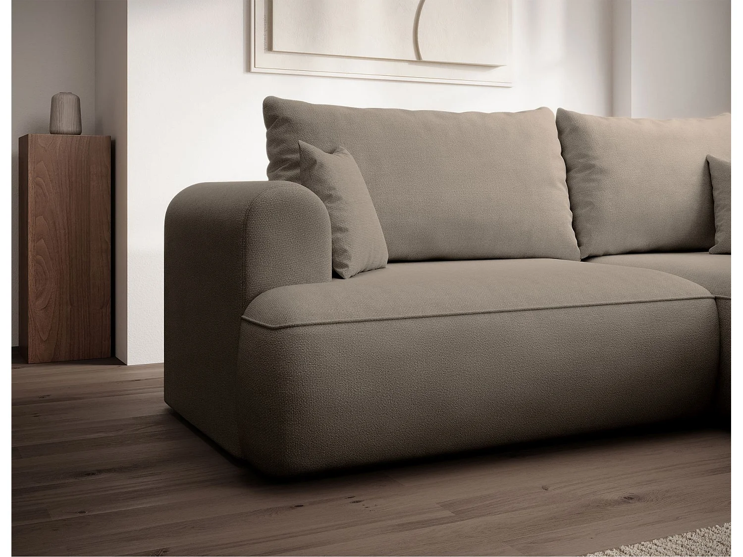 Eckschlafsofa rechtsseitig mit Stauraum - Easy-Clean-Chenille-Bezug - greige - OVO MINI