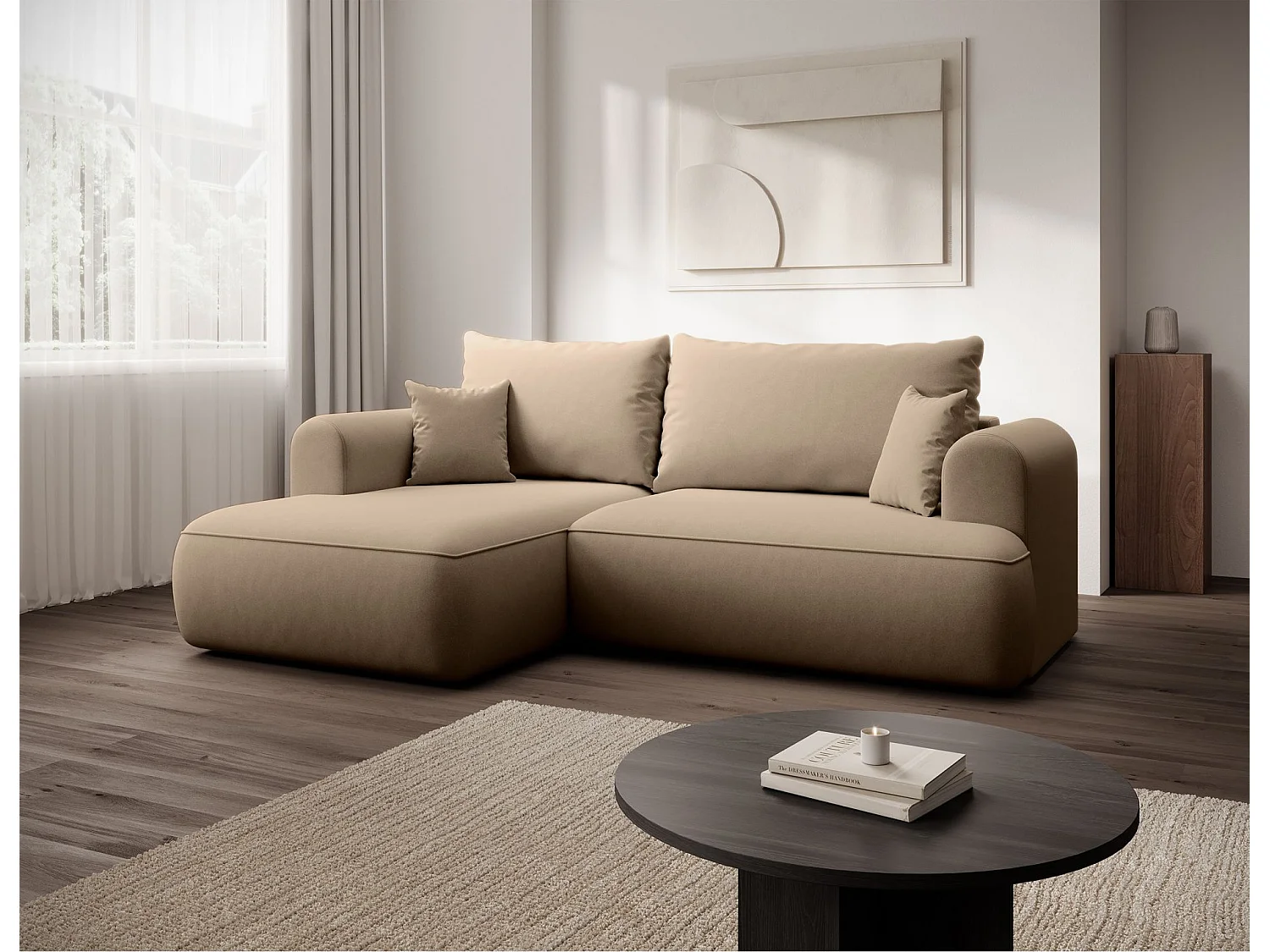 Canapé d'angle convertible - en velours beige - côté gauche- OVO MINI