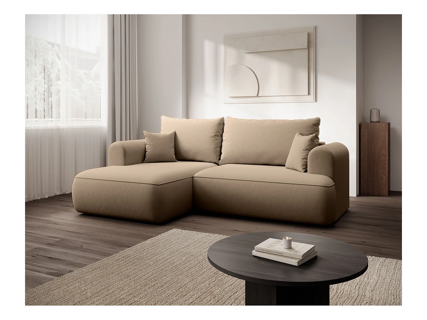 Canapé d'angle convertible - en velours beige - côté gauche- OVO MINI