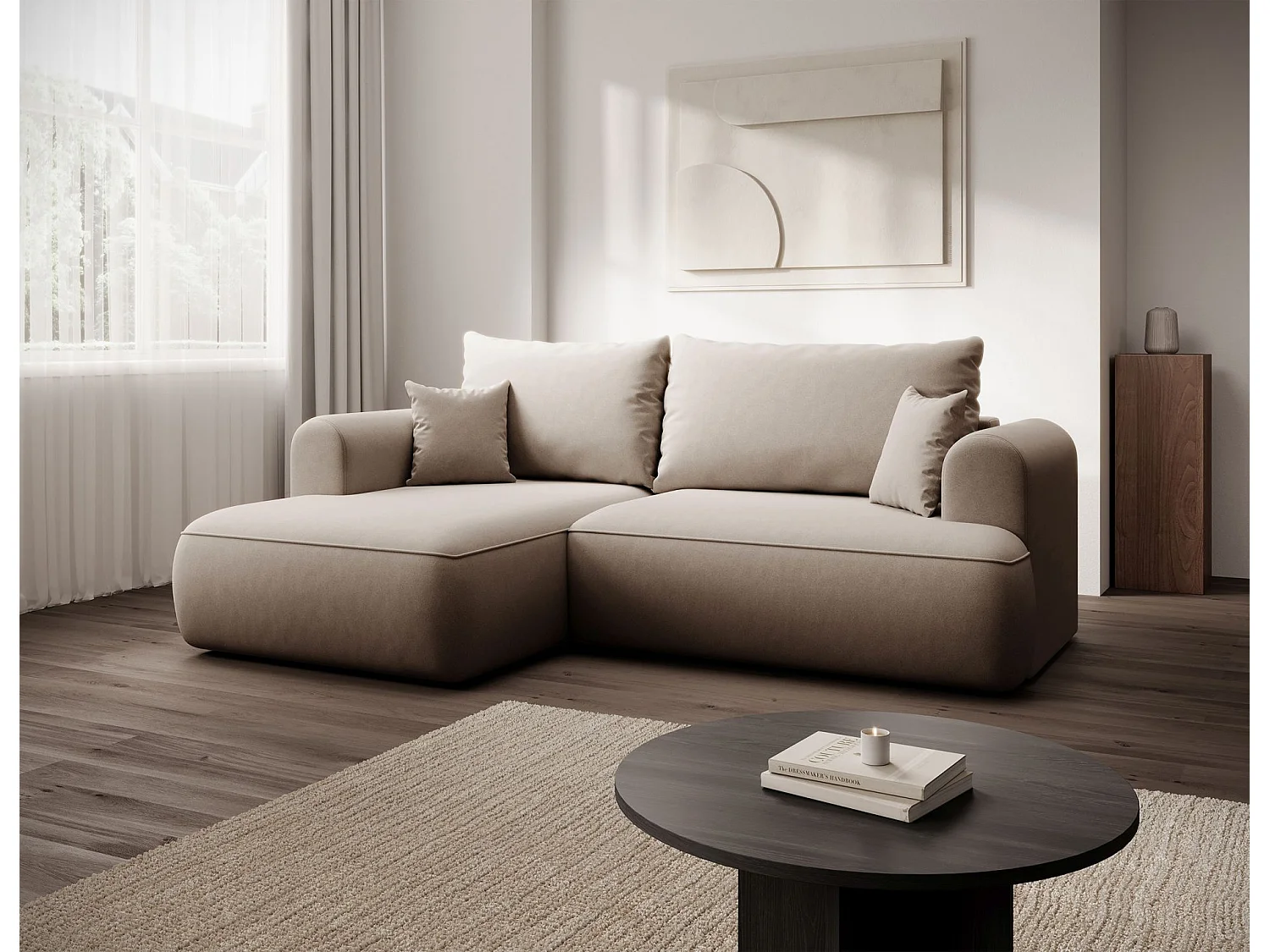 Canapé d'angle convertible - en velours beige - côté gauche- OVO MINI