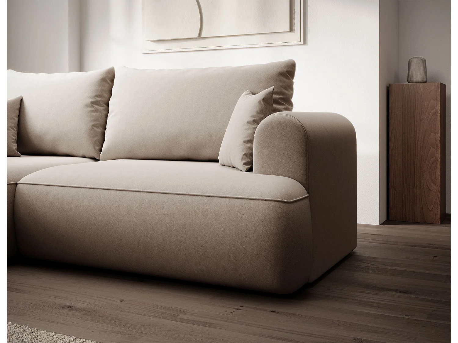Canapé d'angle convertible - en velours beige - côté gauche- OVO MINI