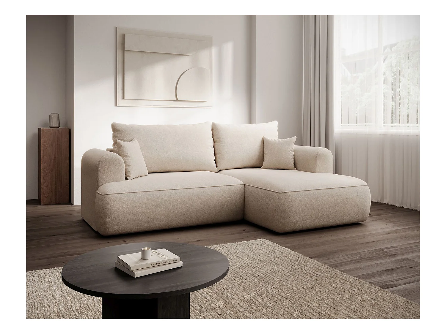 Canapé d'angle convertible- chenille crème - côté droit - OVO MINI