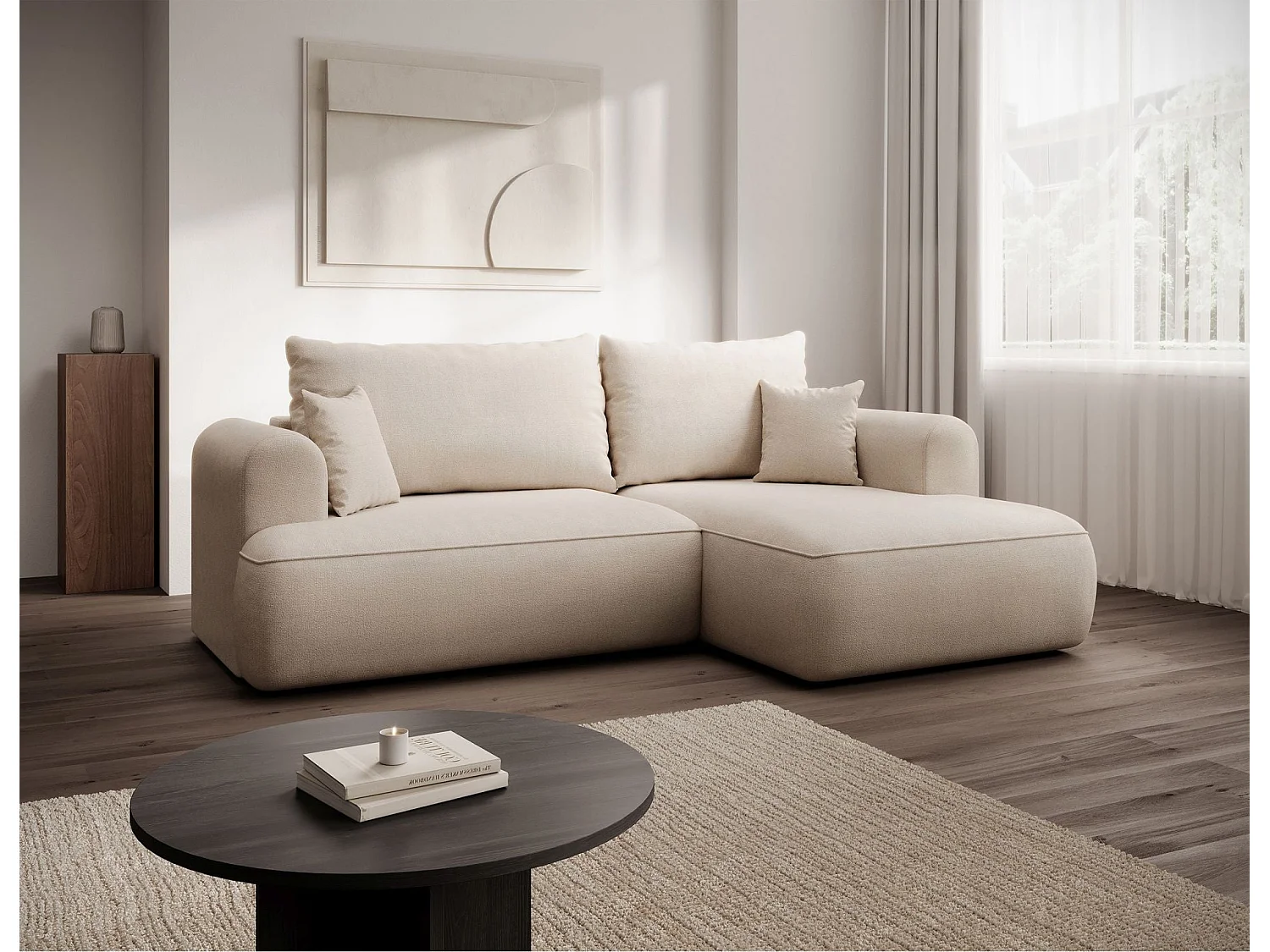 Eckschlafsofa rechtsseitig mit Stauraum - Easy-Clean-Chenille-Bezug - creme - OVO MINI