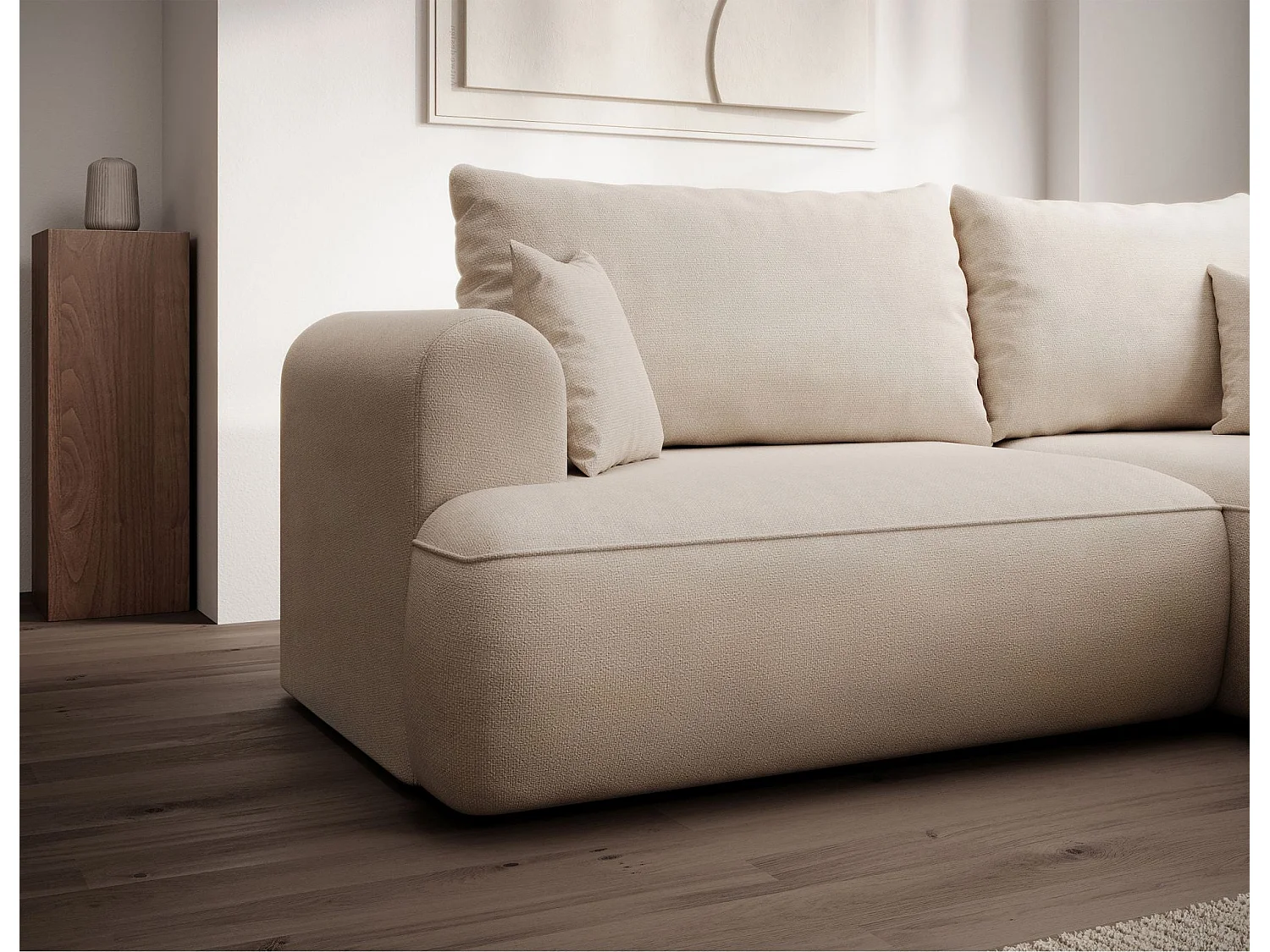 Eckschlafsofa rechtsseitig mit Stauraum - Easy-Clean-Chenille-Bezug - creme - OVO MINI
