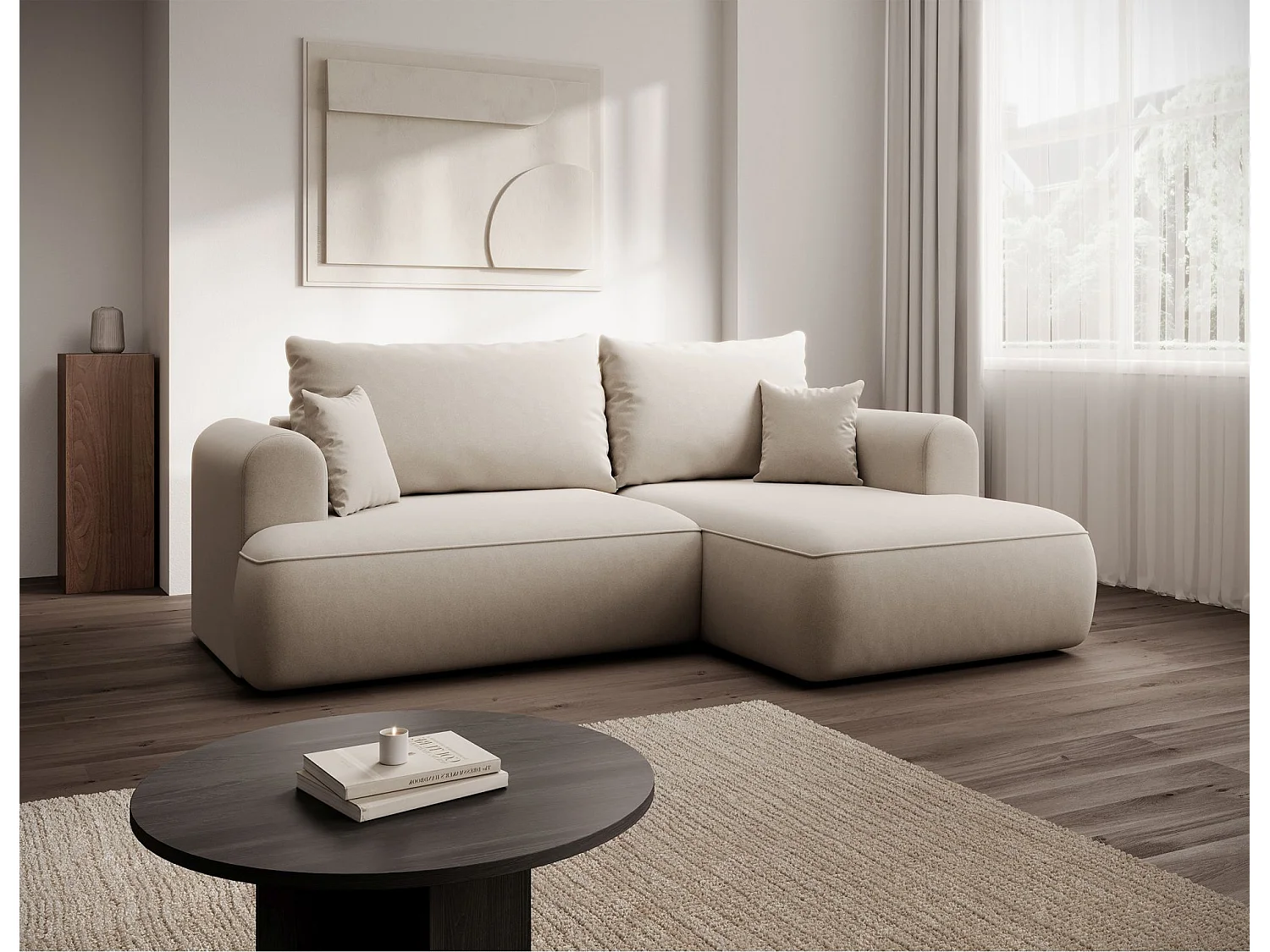 Eckschlafsofa rechtsseitig mit Stauraum - Easy-Clean-Samtbezug - creme - OVO MINI