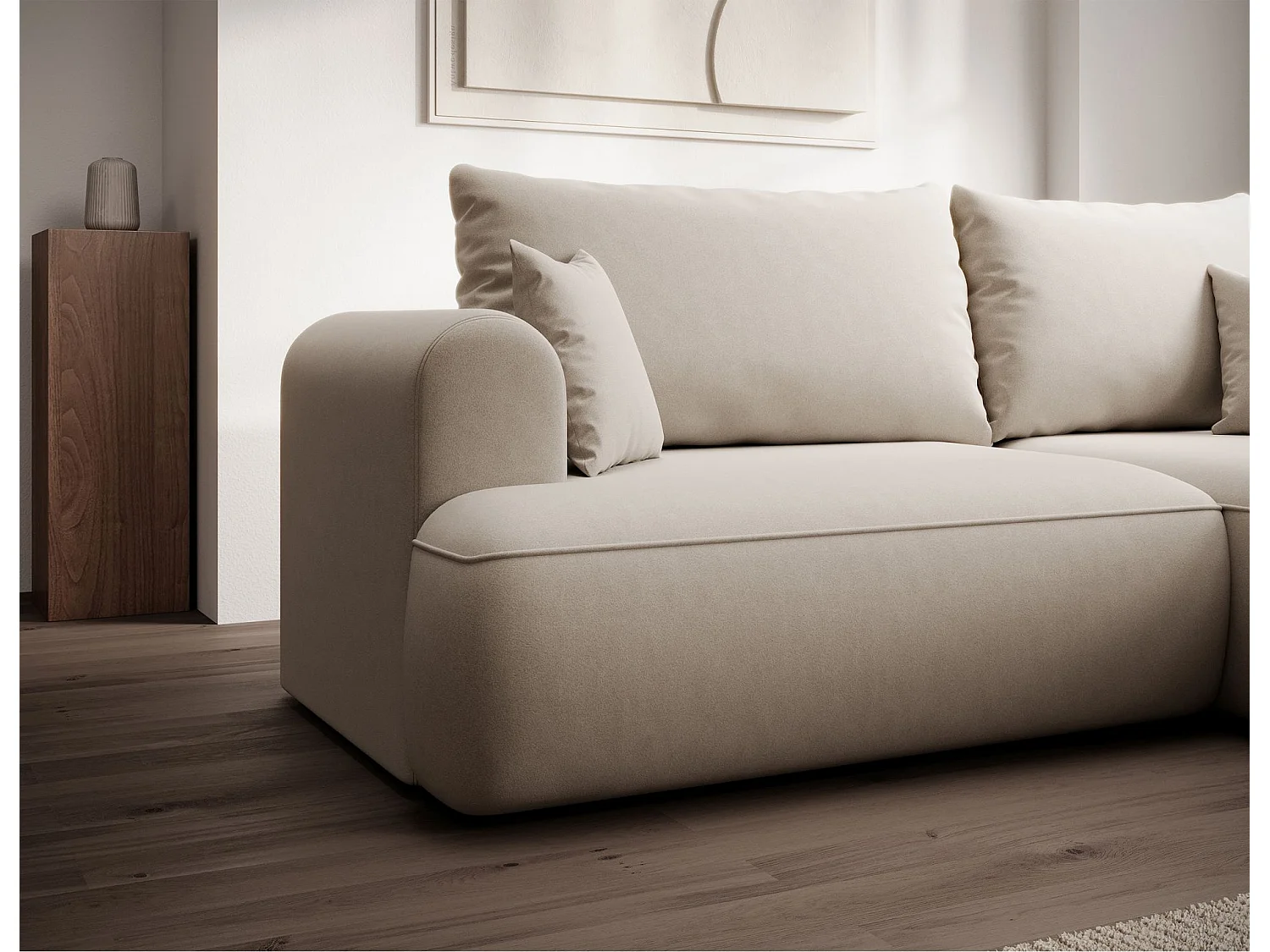 Eckschlafsofa rechtsseitig mit Stauraum - Easy-Clean-Samtbezug - creme - OVO MINI
