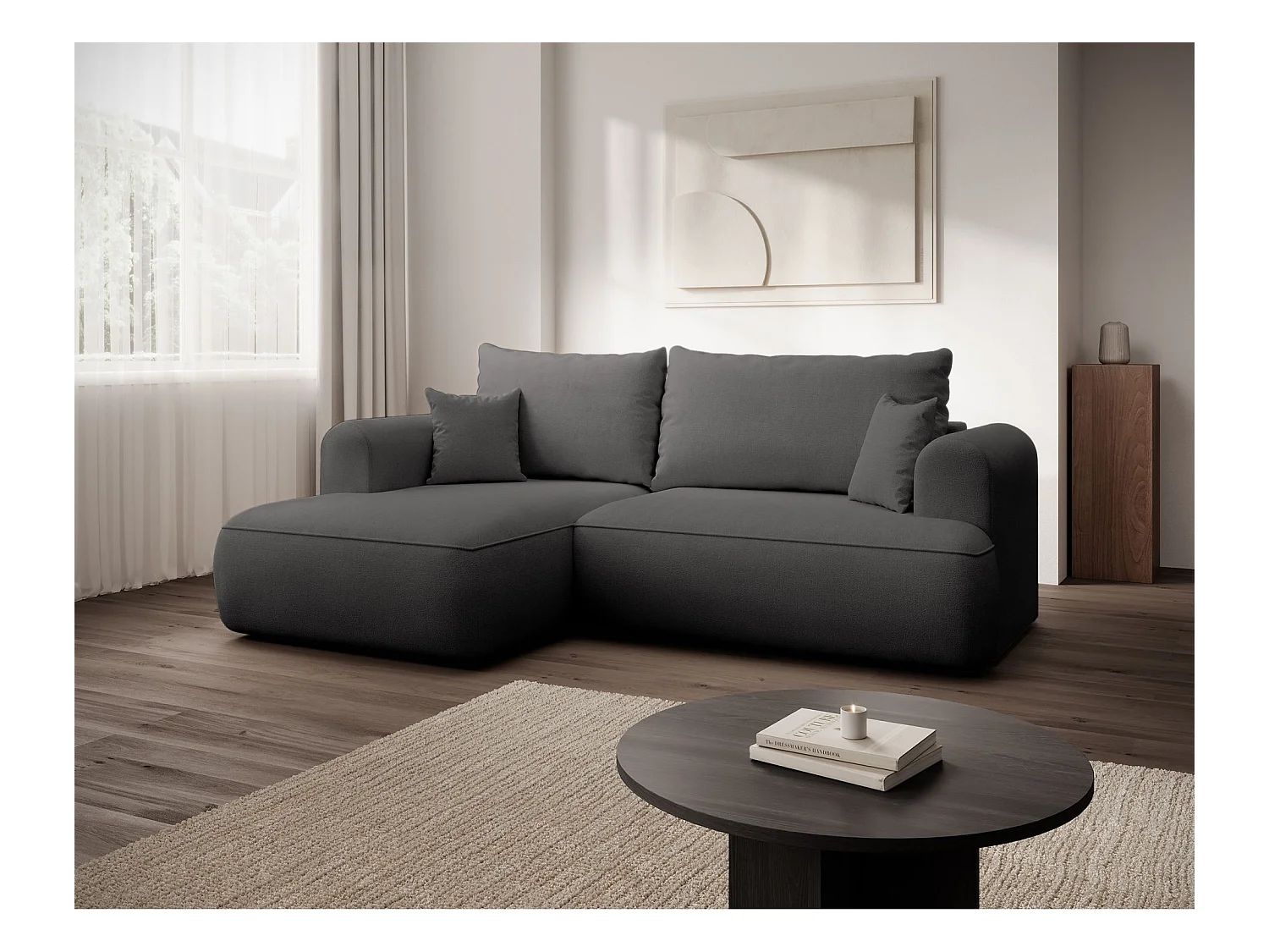 Canapé d'angle convertible- chenille gris foncé - côté gauche - OVO MINI
