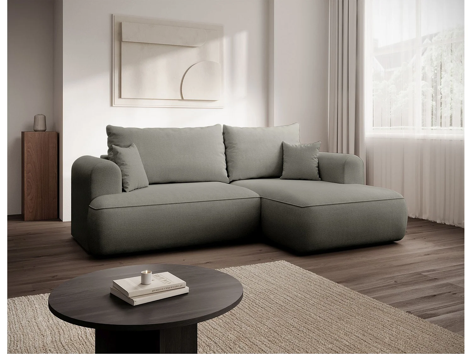 Eckschlafsofa rechtsseitig mit Stauraum - Easy-Clean-Chenille-Bezug - hellgrau - OVO MINI