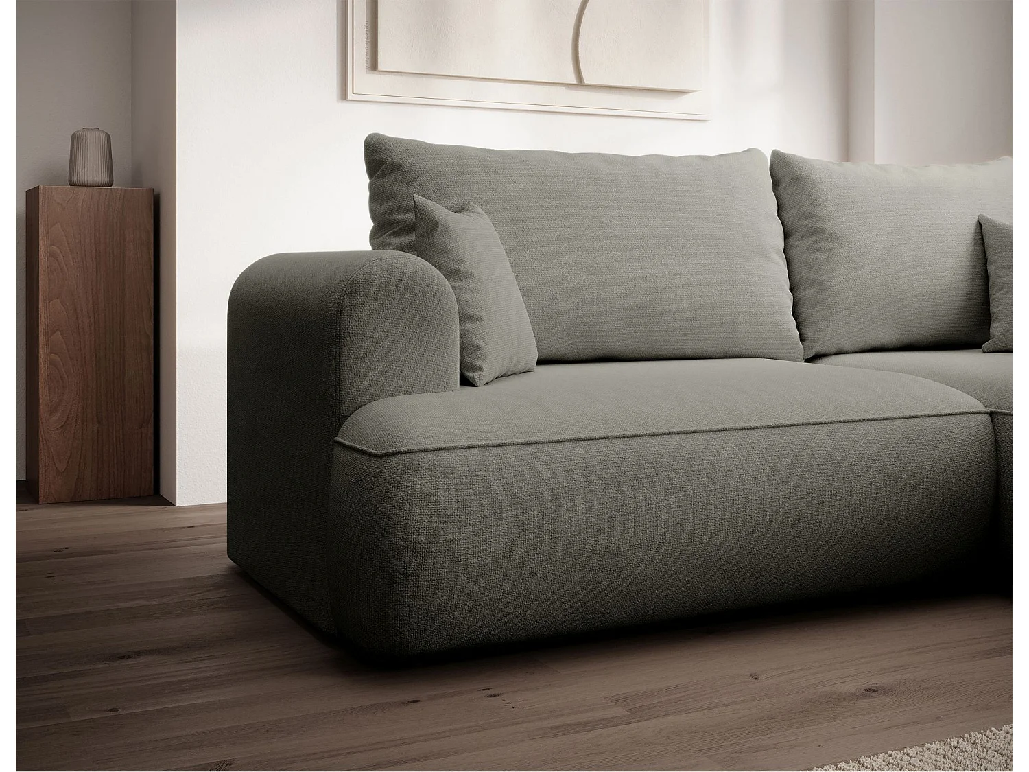 Eckschlafsofa rechtsseitig mit Stauraum - Easy-Clean-Chenille-Bezug - hellgrau - OVO MINI