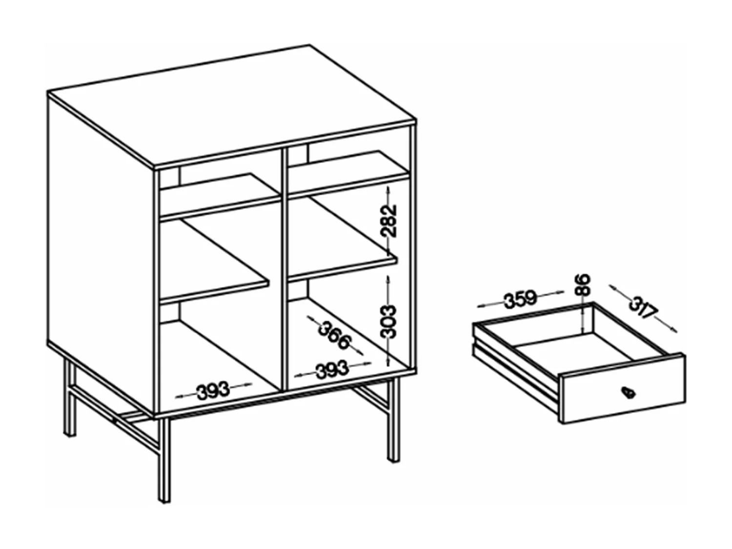 Sideboard 2-türig mit 2 Schubladen - Schwarz-Graphit - 84 cm - OKTIO