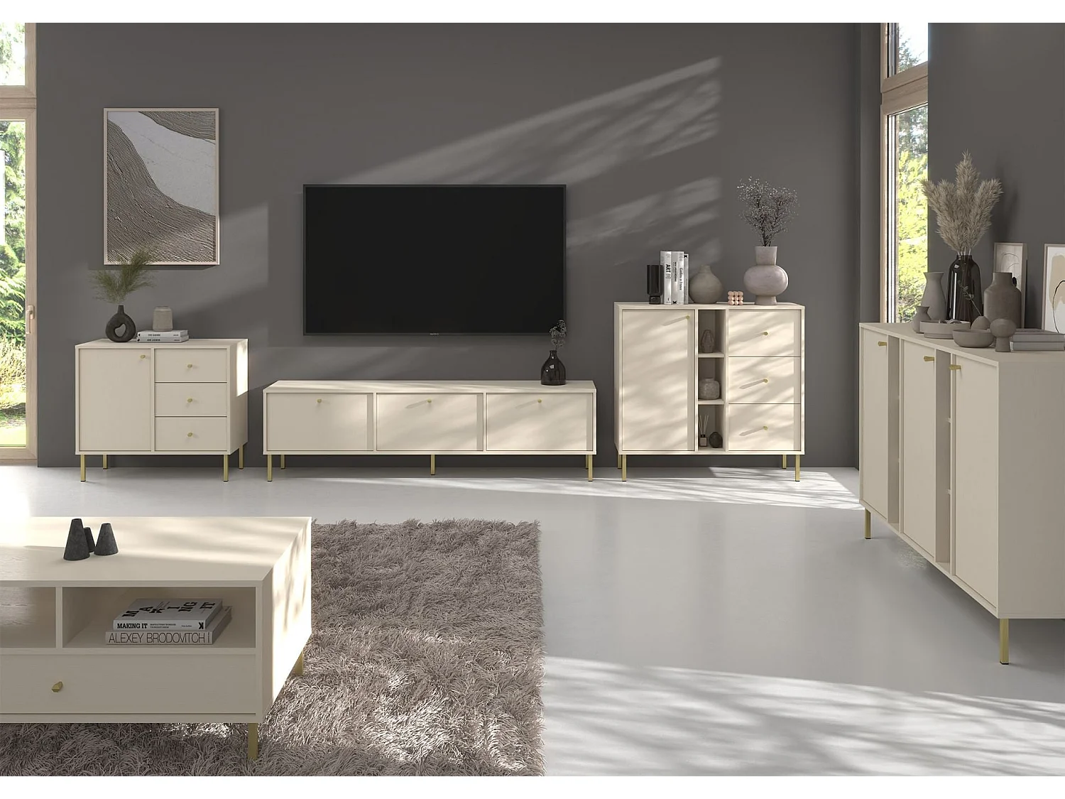 Buffet 1 porte avec 3 tiroirs - 84 cm - beige - OKTIO