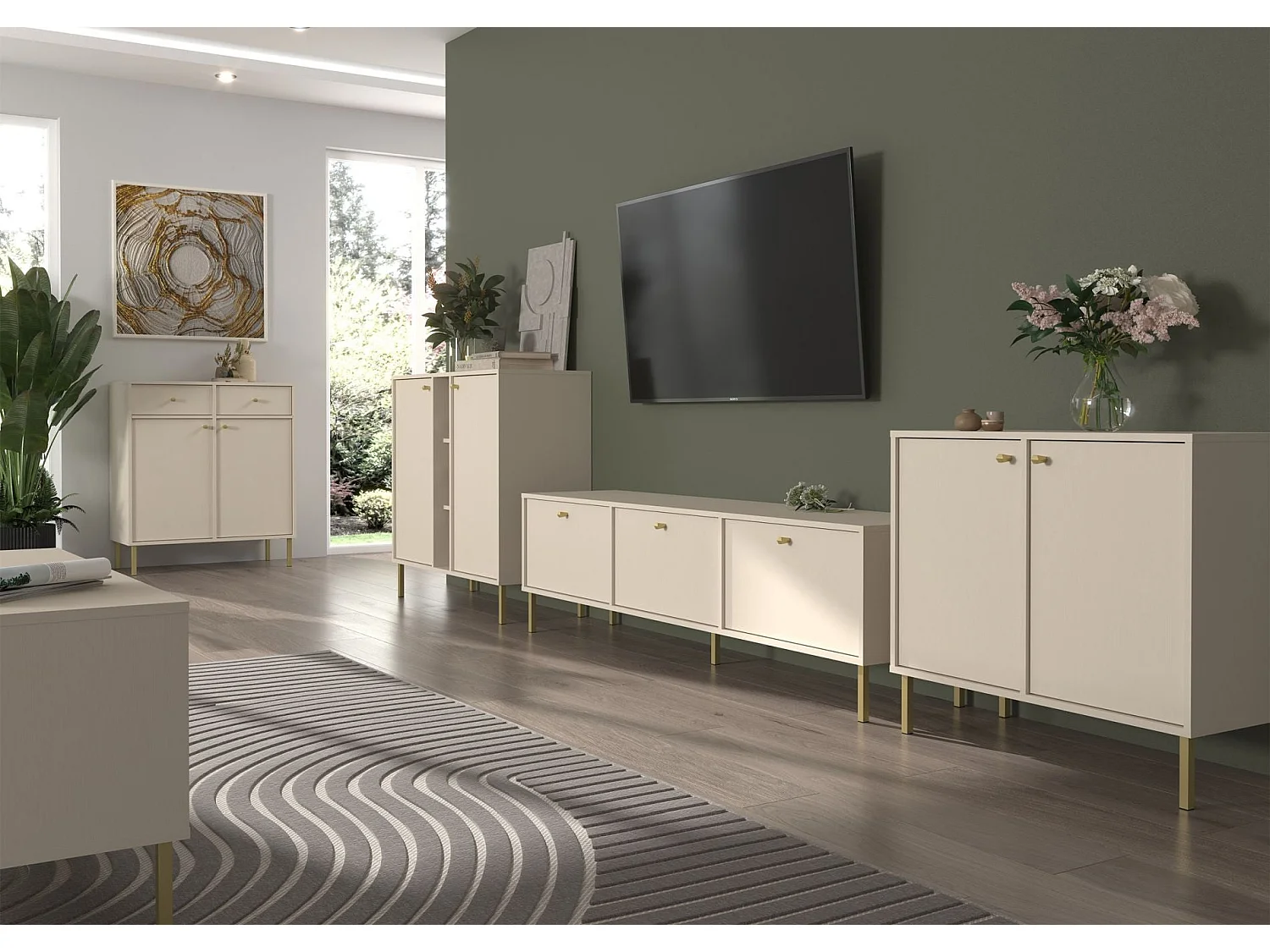 Buffet 1 porte avec 3 tiroirs - 84 cm - beige - OKTIO
