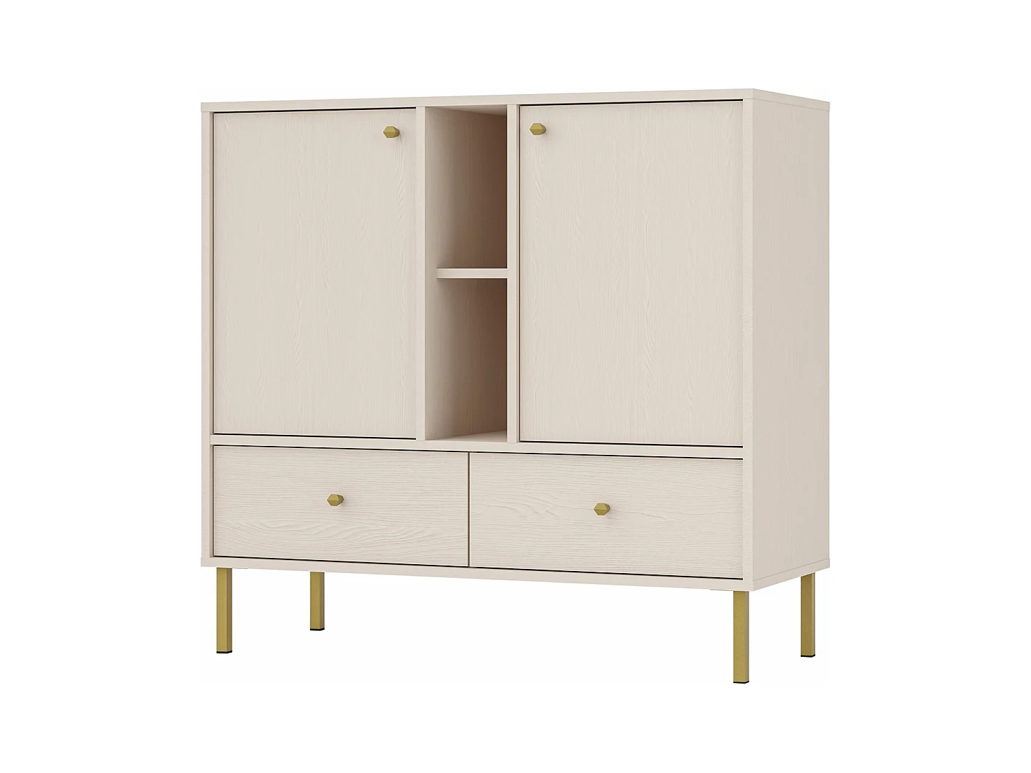 Buffet 2 portes 2 tiroirs - 100 cm - beige avec étagère - OKTIO