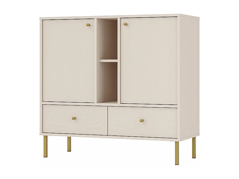 Buffet 2 portes 2 tiroirs - 100 cm - beige avec étagère - OKTIO