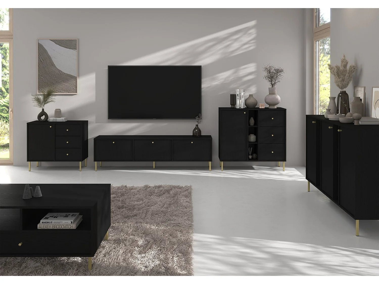 Sideboard 3-türig mit 3 Schubladen - Schwarz-Graphit - 125 cm - OKTIO