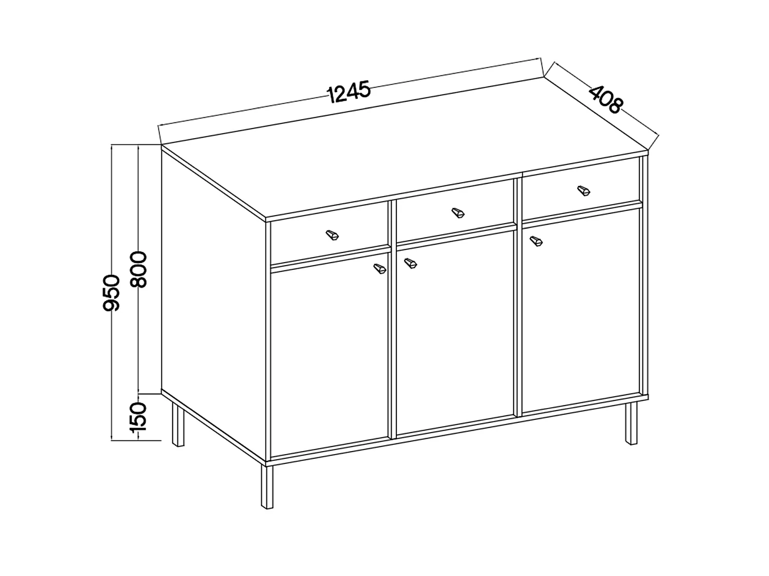 Sideboard 3-türig mit 3 Schubladen - Schwarz-Graphit - 125 cm - OKTIO