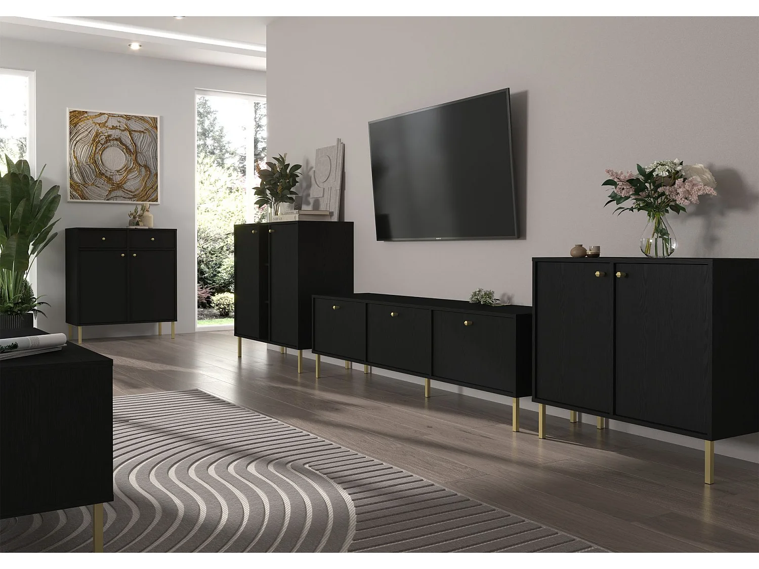 Sideboard 3-türig mit Regalen - Schwarz-Graphit - 159 cm - OKTIO