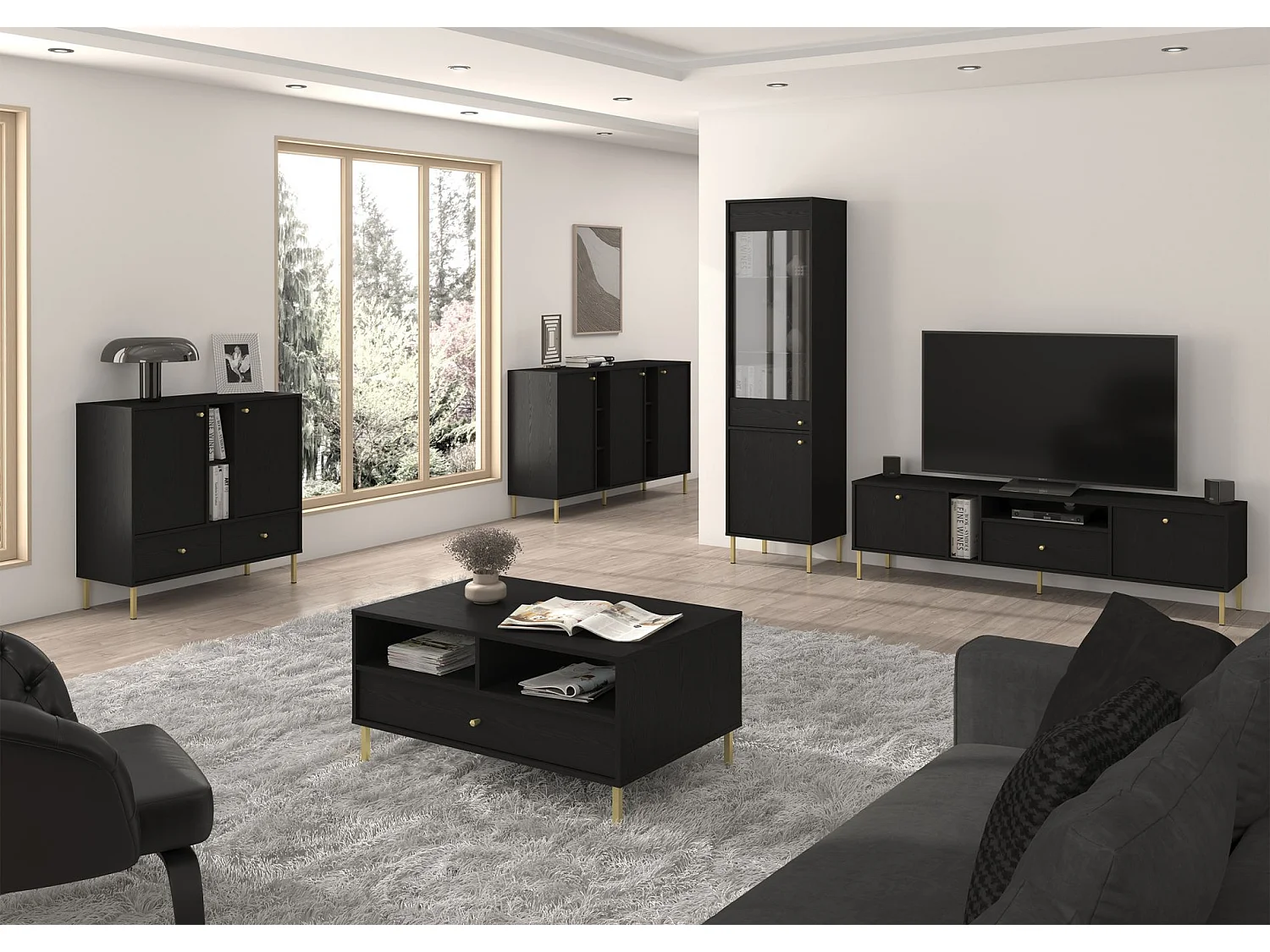 Meuble TV 2 portes avec tiroir - 180 cm - noir graphite - OKTIO