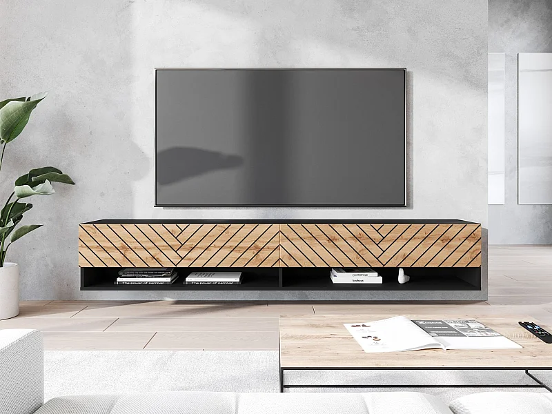 TV-Möbel 2-türig - Schwarz-Grafit/Wotan-Eiche - Fischgrätmuster - 180 cm - WANDER
