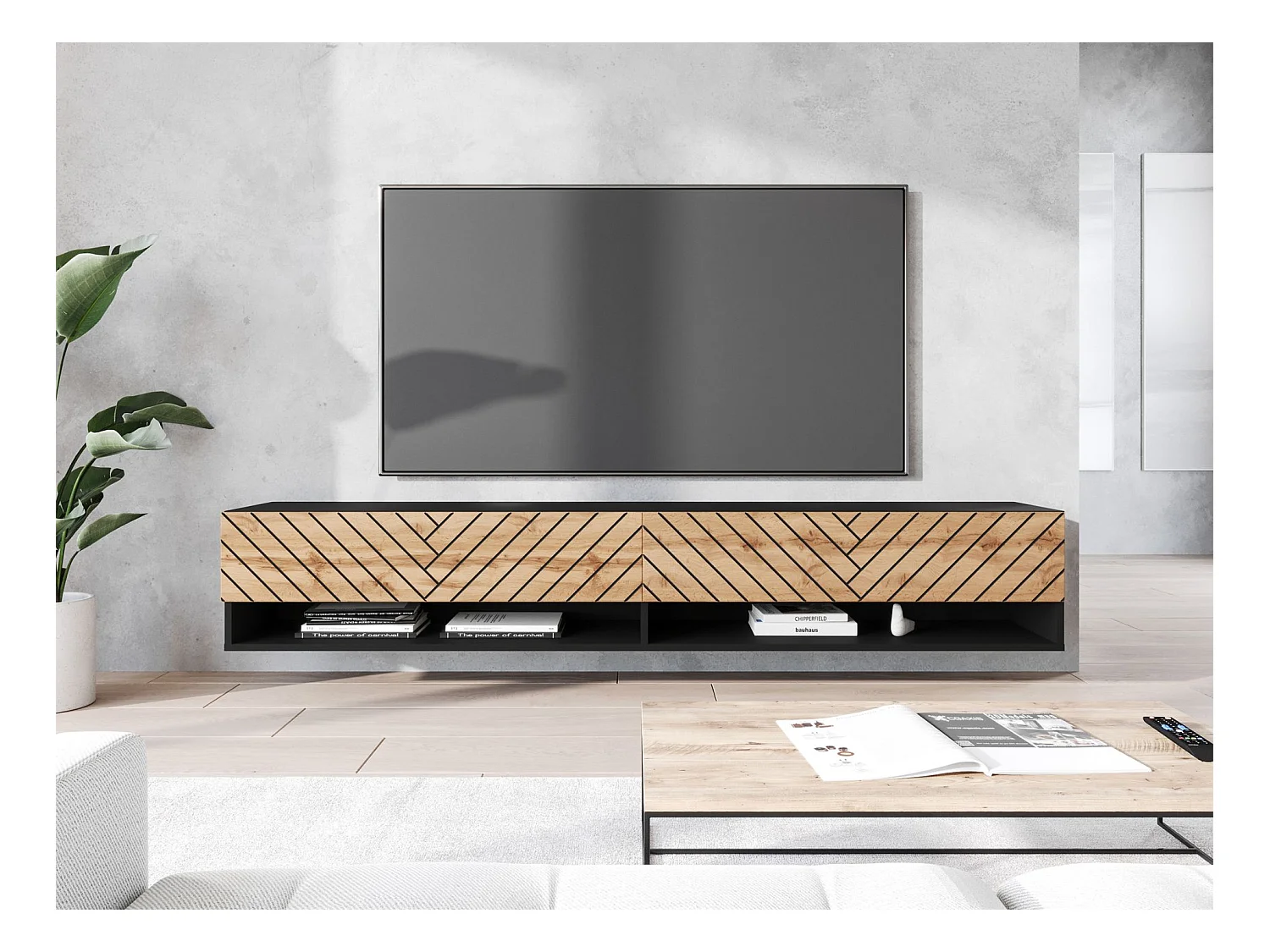 Meuble TV 2 portes - 180 cm - noir graphite/ Chêne Wotan - WANDER