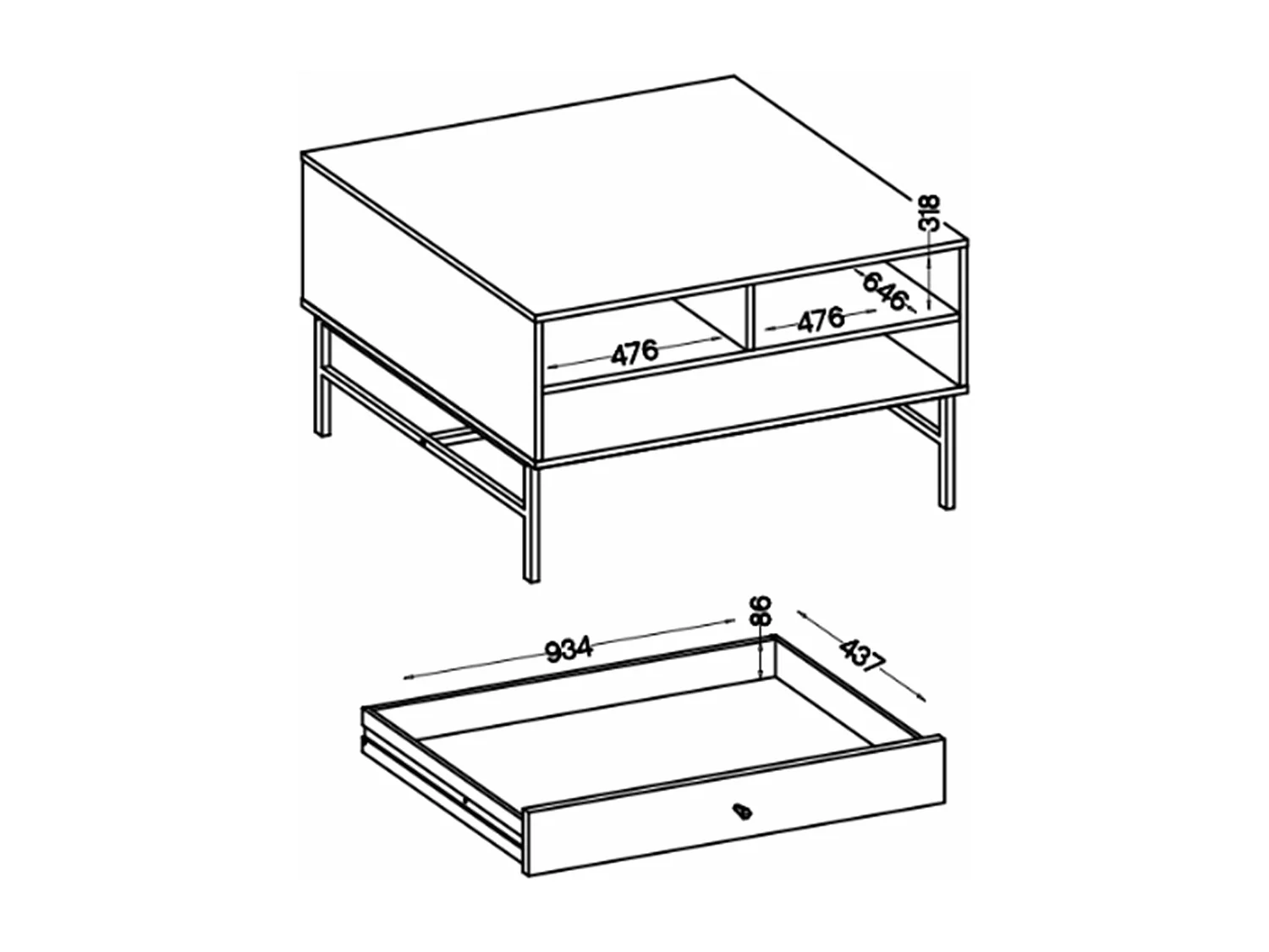 Table basse 1 tiroir - 100 cm - beige avec pieds dorés OKTIO
