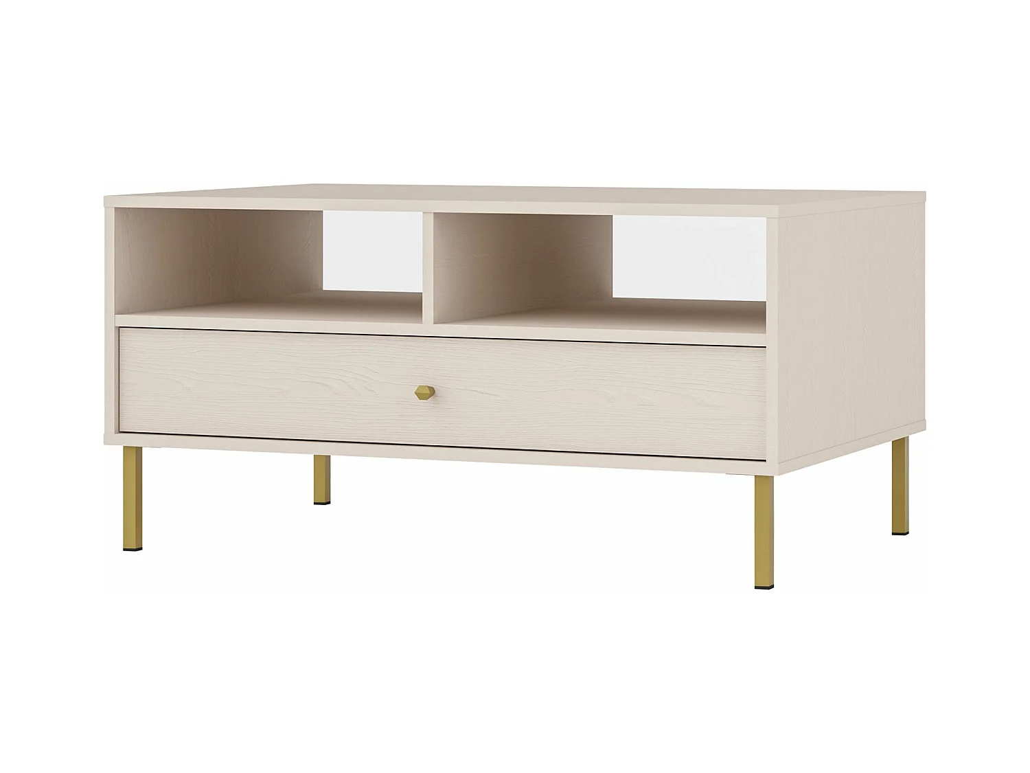 Table basse 1 tiroir - 100 cm - beige avec pieds dorés OKTIO