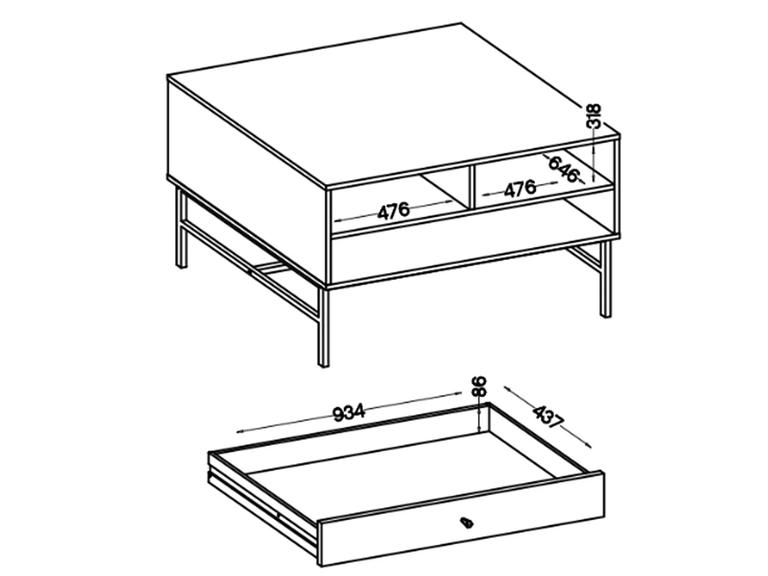 Table basse 1 tiroir - 100 cm - beige avec pieds dorés OKTIO