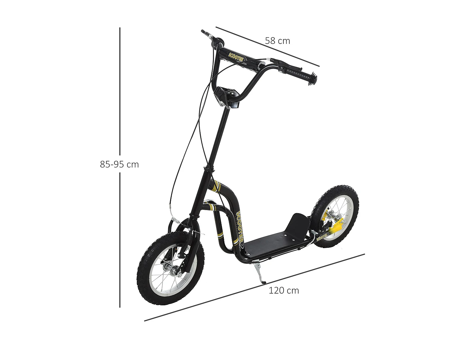 Trottinette Patinette pour Enfants Plus de 5 Ans Grands Pneus Guidon Réglable 2 Freins Contrôlés par Poignée Béquille Latérale 120 x 58 x 85-95 cm Noir