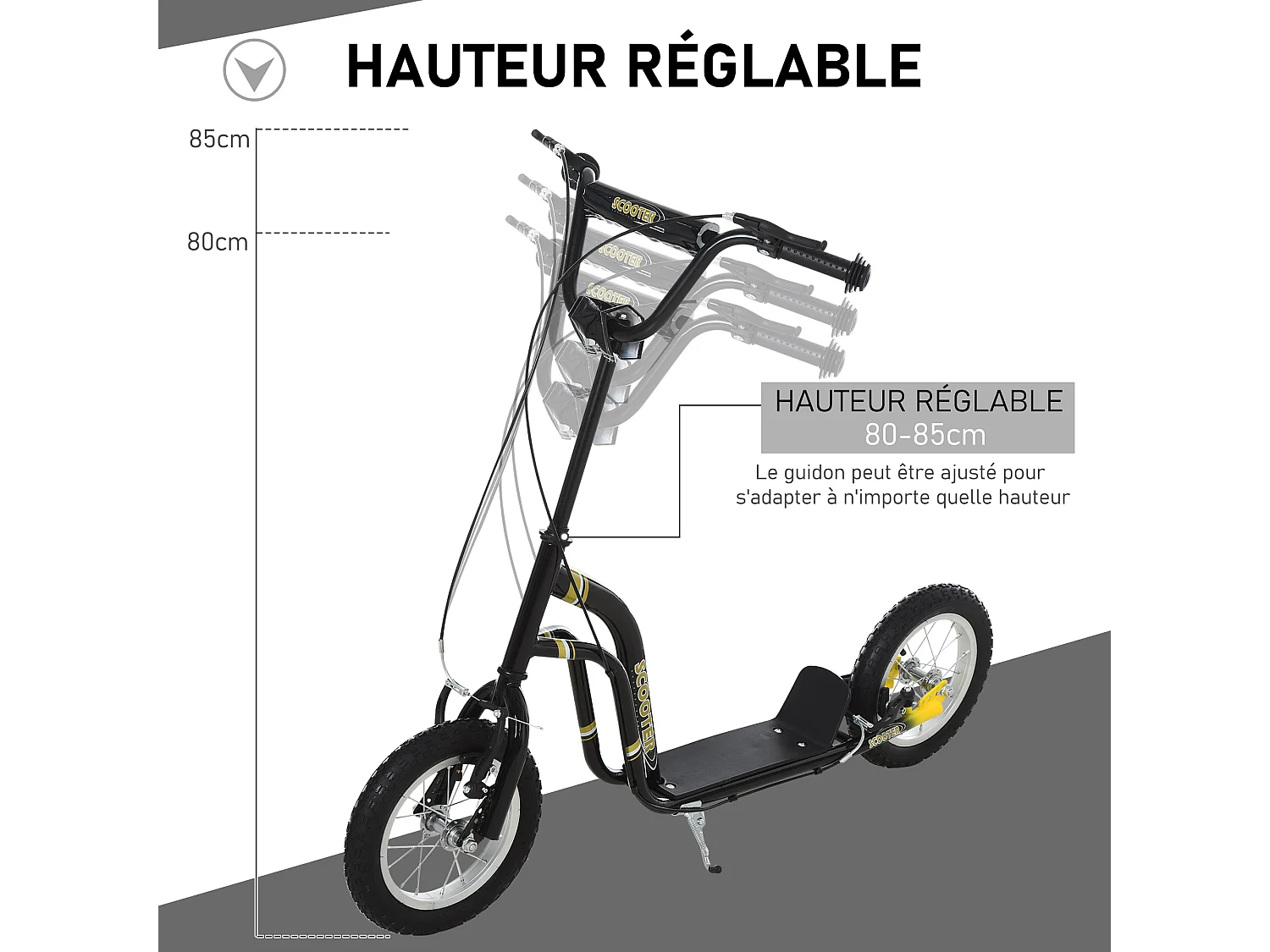 Trottinette Patinette pour Enfants Plus de 5 Ans Grands Pneus Guidon Réglable 2 Freins Contrôlés par Poignée Béquille Latérale 120 x 58 x 85-95 cm Noir
