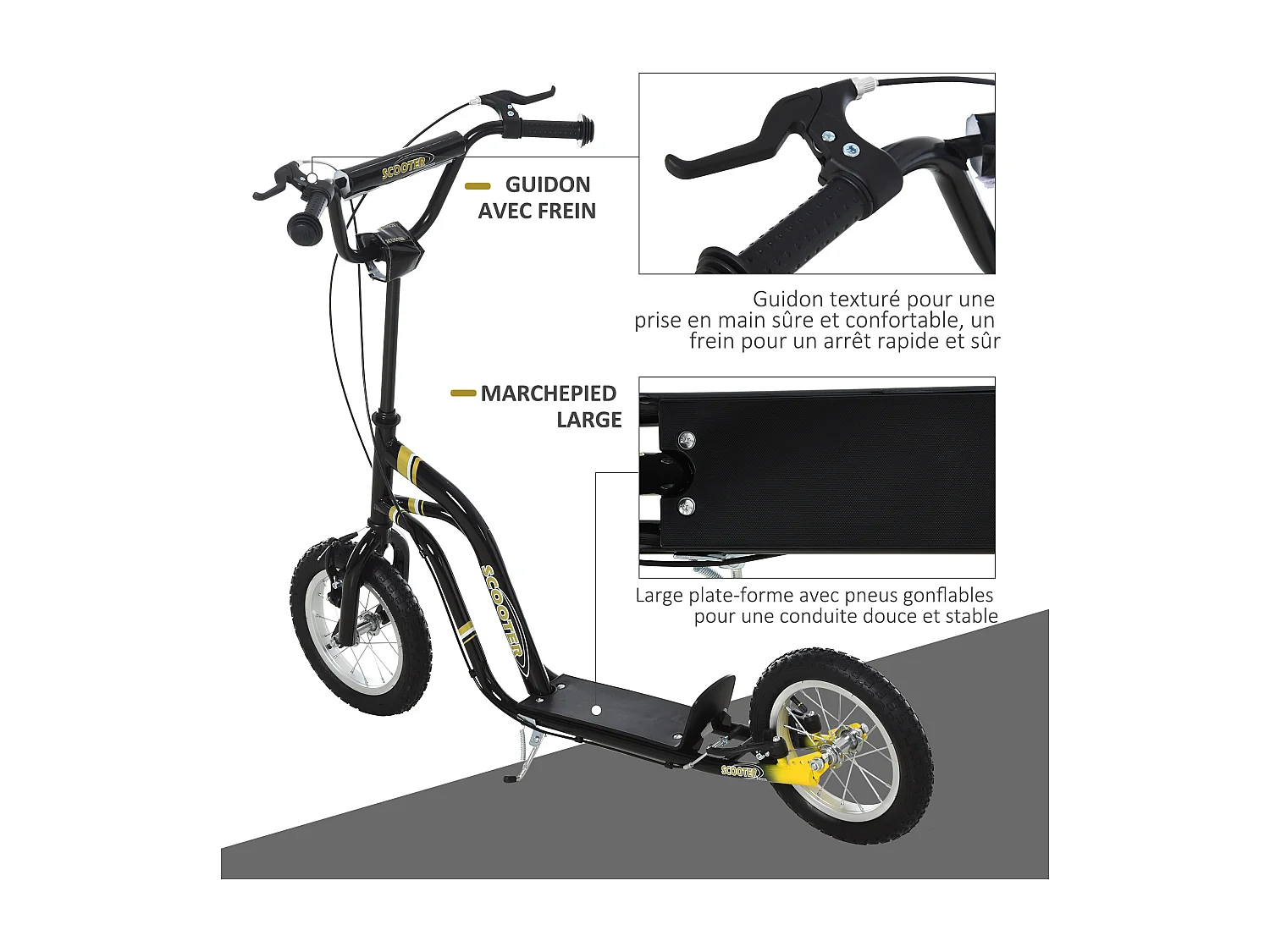 Trottinette Patinette pour Enfants Plus de 5 Ans Grands Pneus Guidon Réglable 2 Freins Contrôlés par Poignée Béquille Latérale 120 x 58 x 85-95 cm Noir