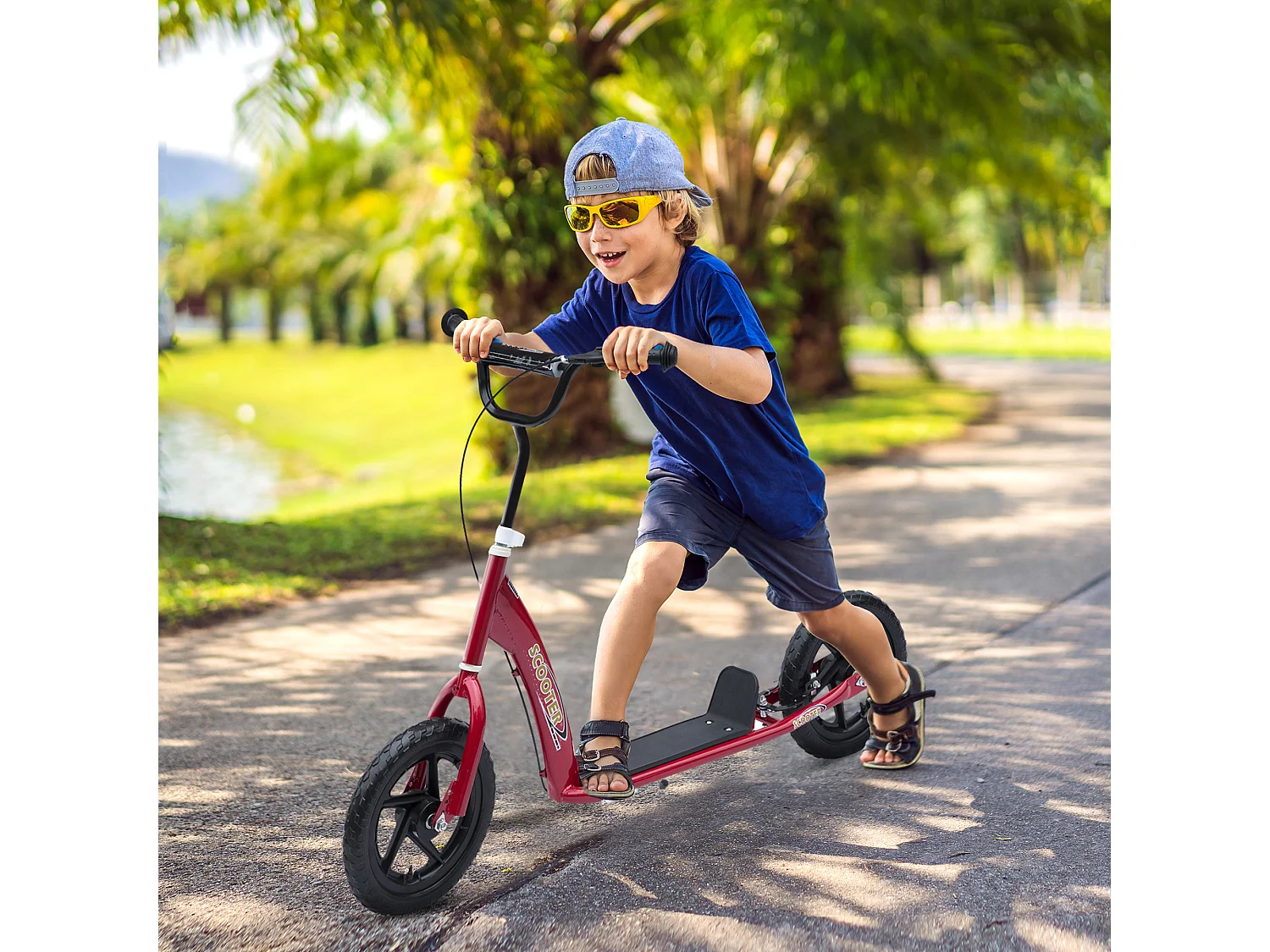 Trottinette patinette pneus 30 cm hauteur guidon réglable poignée frein et béquille acier rouge