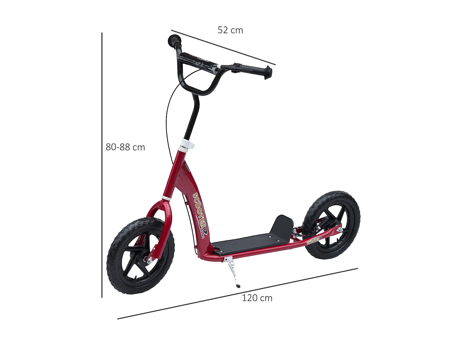 Trottinette patinette pneus 30 cm hauteur guidon réglable poignée frein et béquille acier rouge