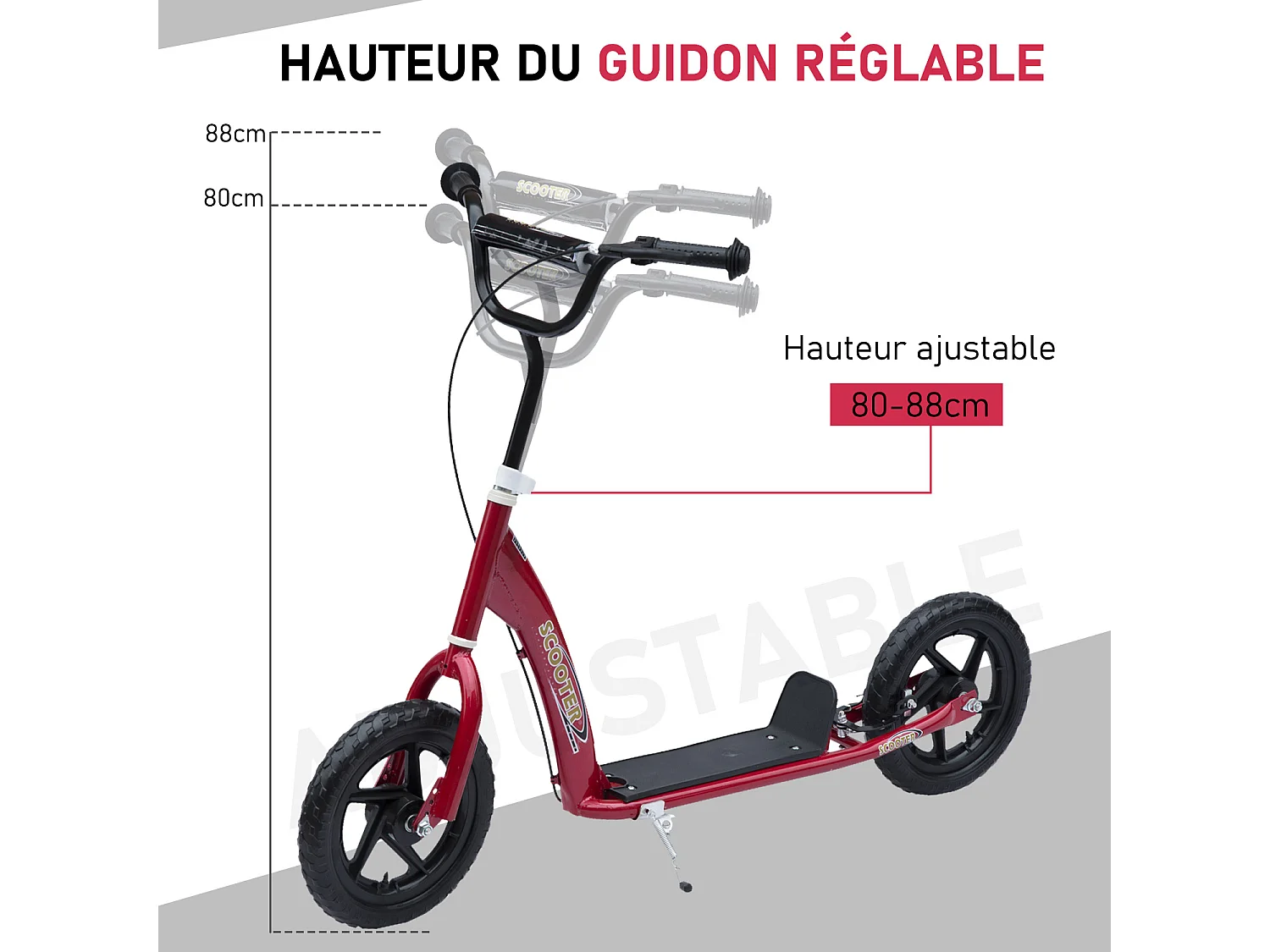 Trottinette patinette pneus 30 cm hauteur guidon réglable poignée frein et béquille acier rouge