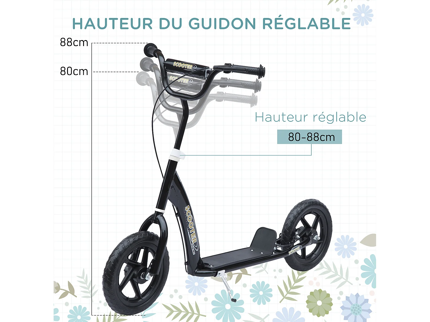 Trottinette patinette pneus 30 cm hauteur guidon réglable poignée frein et béquille acier noir