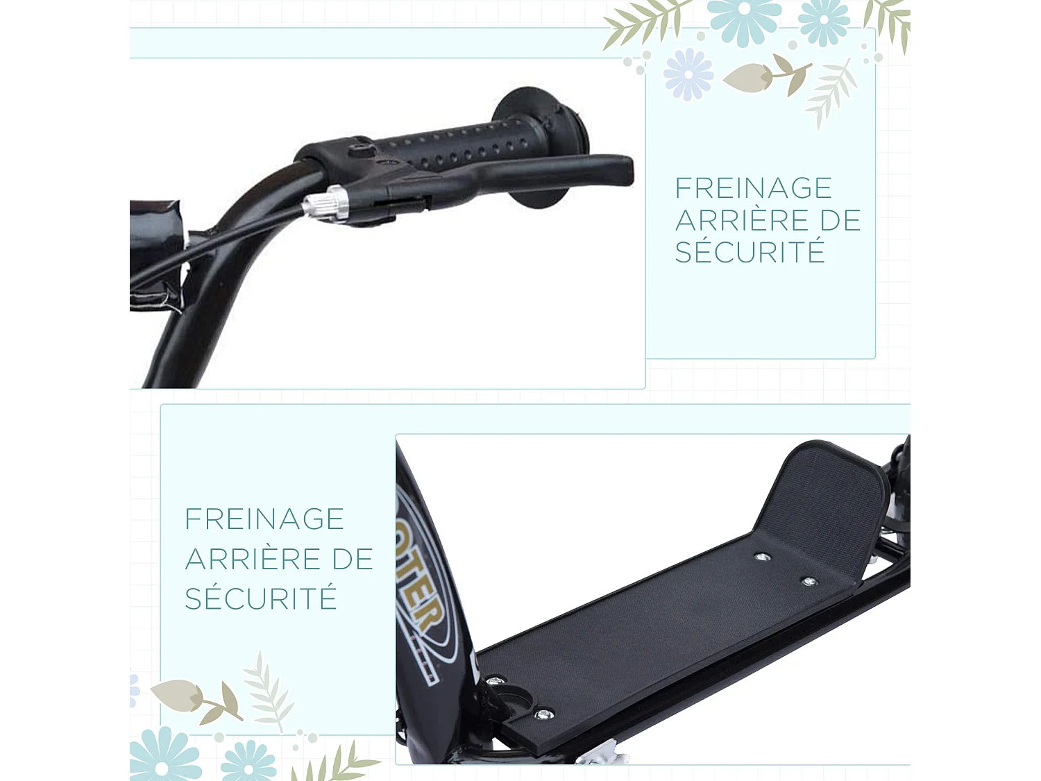 Trottinette patinette pneus 30 cm hauteur guidon réglable poignée frein et béquille acier noir