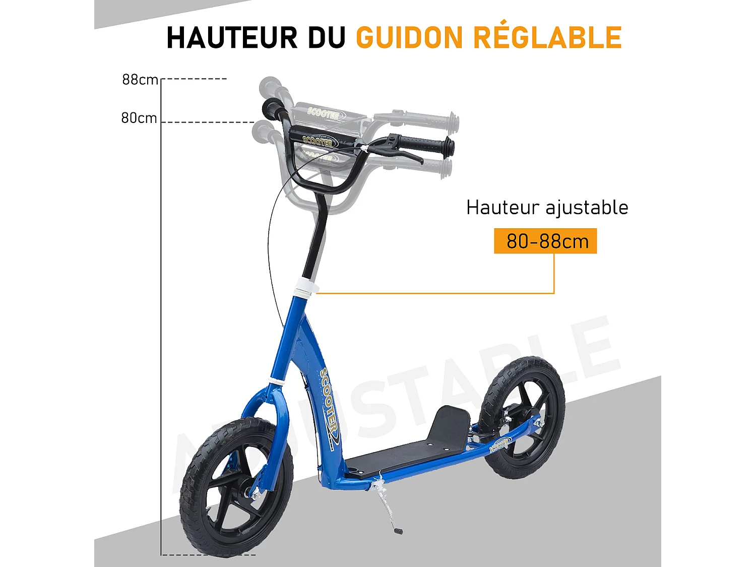 Trottinette patinette pneus 30 cm hauteur guidon réglable poignée frein et béquille acier bleu