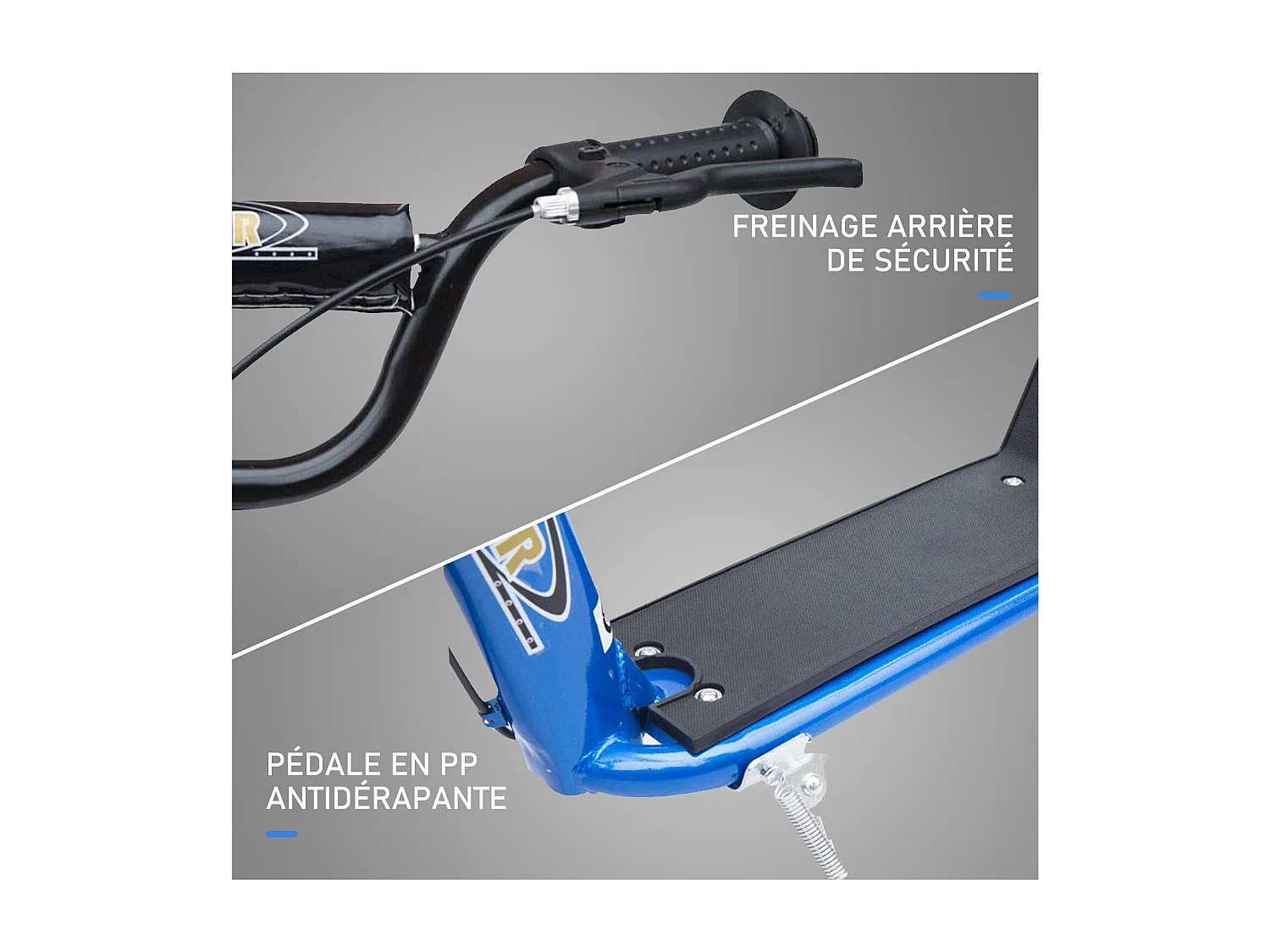 Trottinette patinette pneus 30 cm hauteur guidon réglable poignée frein et béquille acier bleu