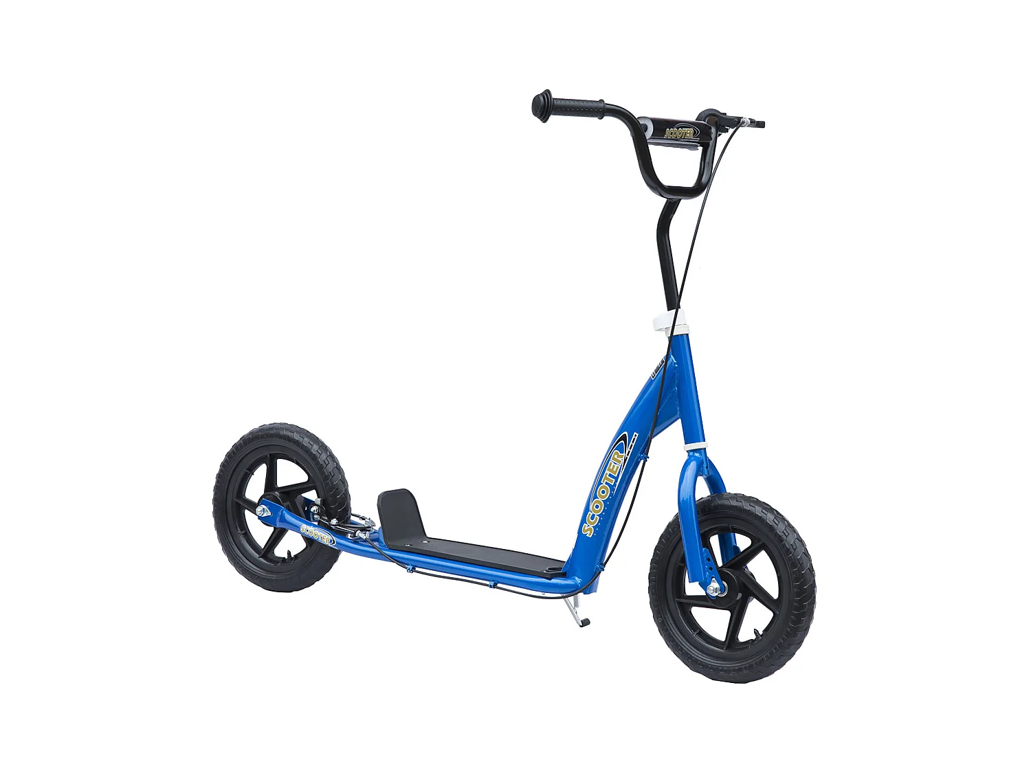 Trottinette patinette pneus 30 cm hauteur guidon réglable poignée frein et béquille acier bleu