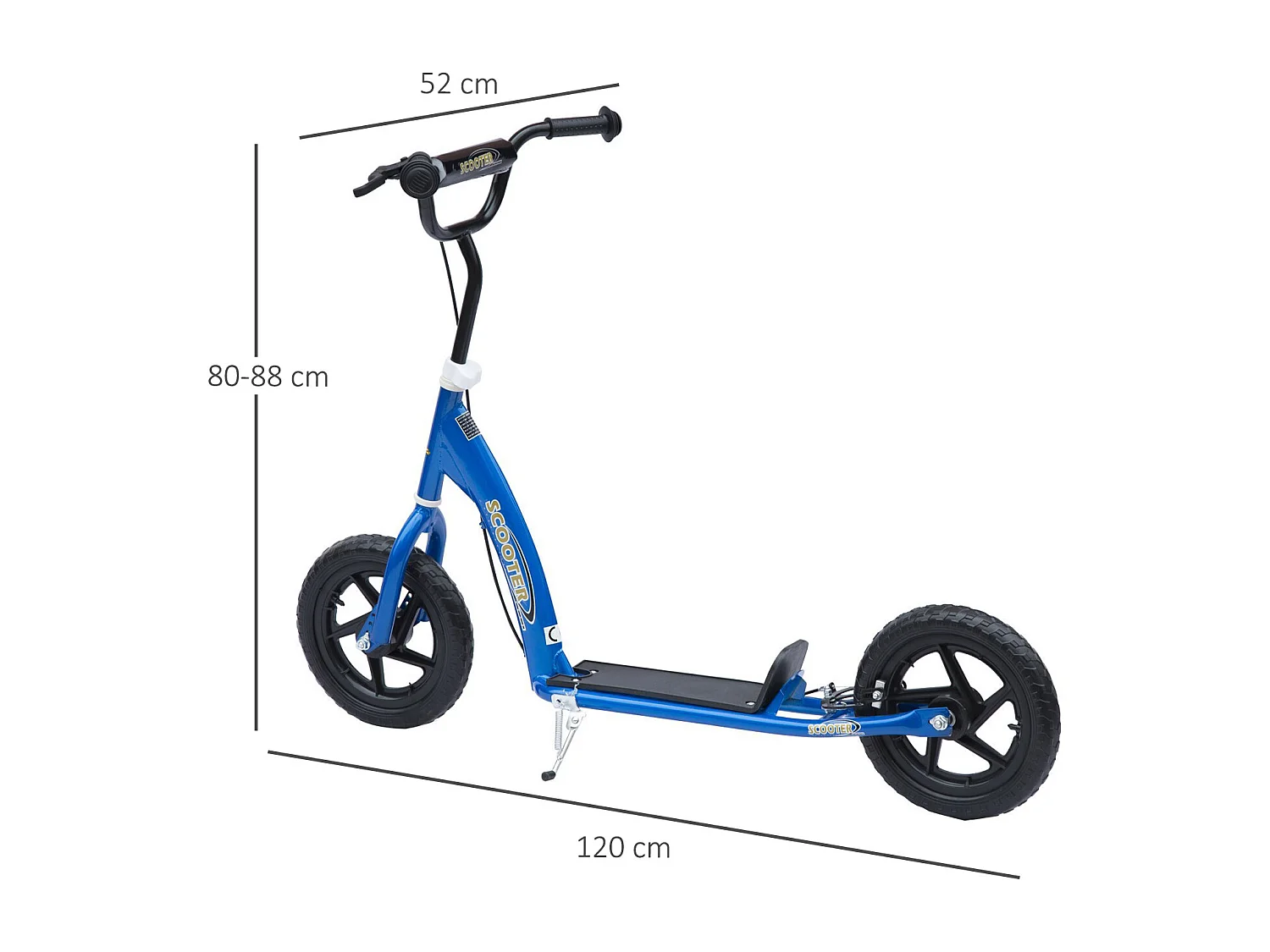 Trottinette patinette pneus 30 cm hauteur guidon réglable poignée frein et béquille acier bleu