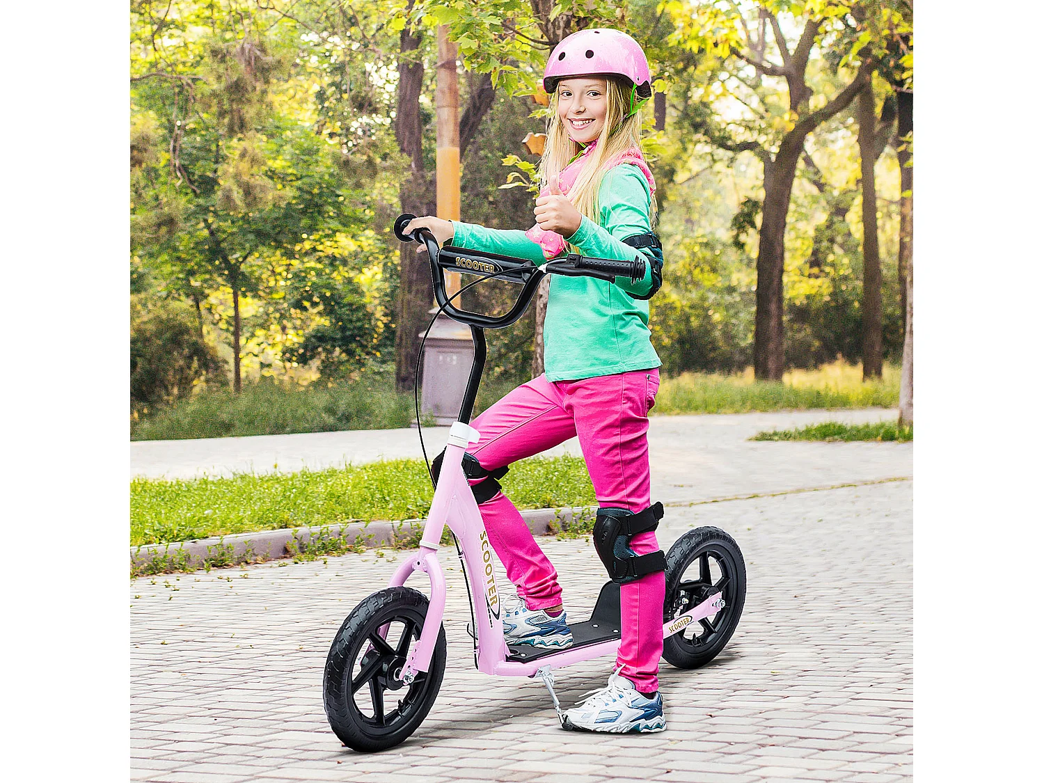 Trottinette patinette pneus 30 cm hauteur guidon réglable poignée frein et béquille acier rose