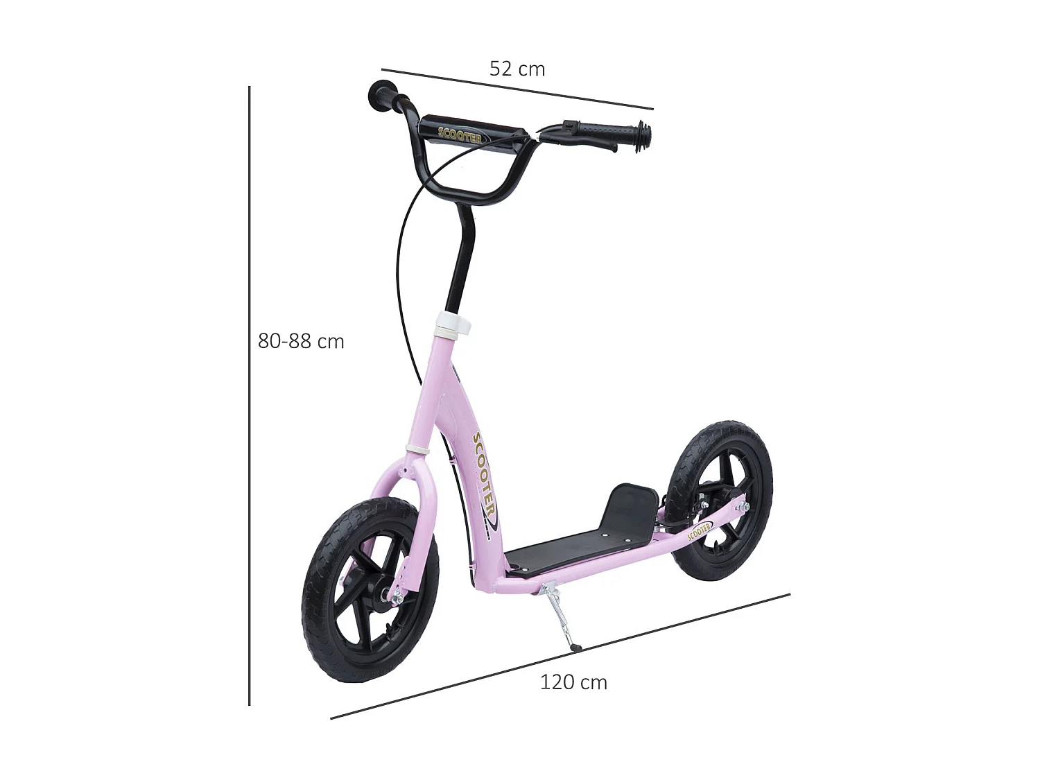 Trottinette patinette pneus 30 cm hauteur guidon réglable poignée frein et béquille acier rose