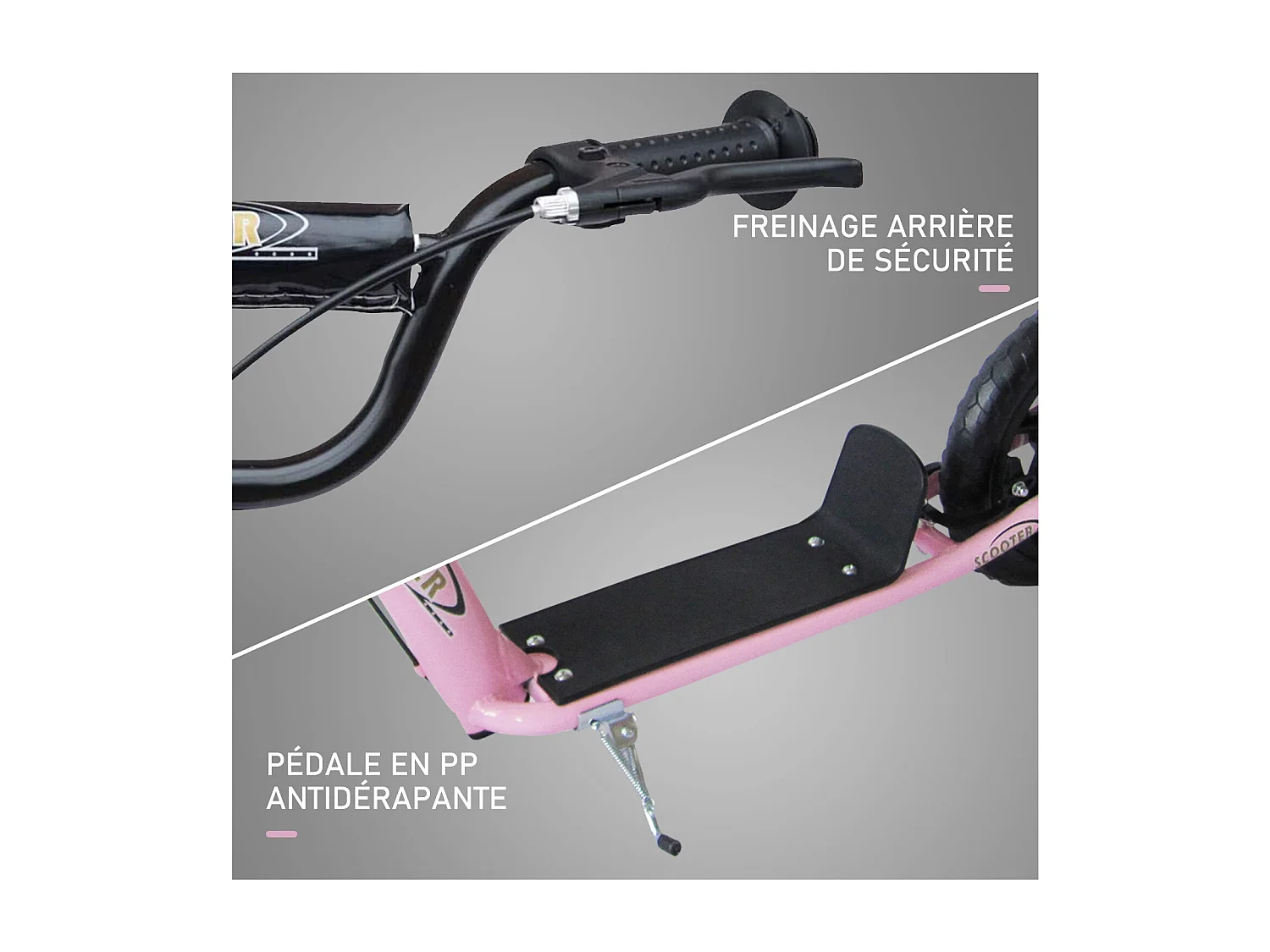 Trottinette patinette pneus 30 cm hauteur guidon réglable poignée frein et béquille acier rose